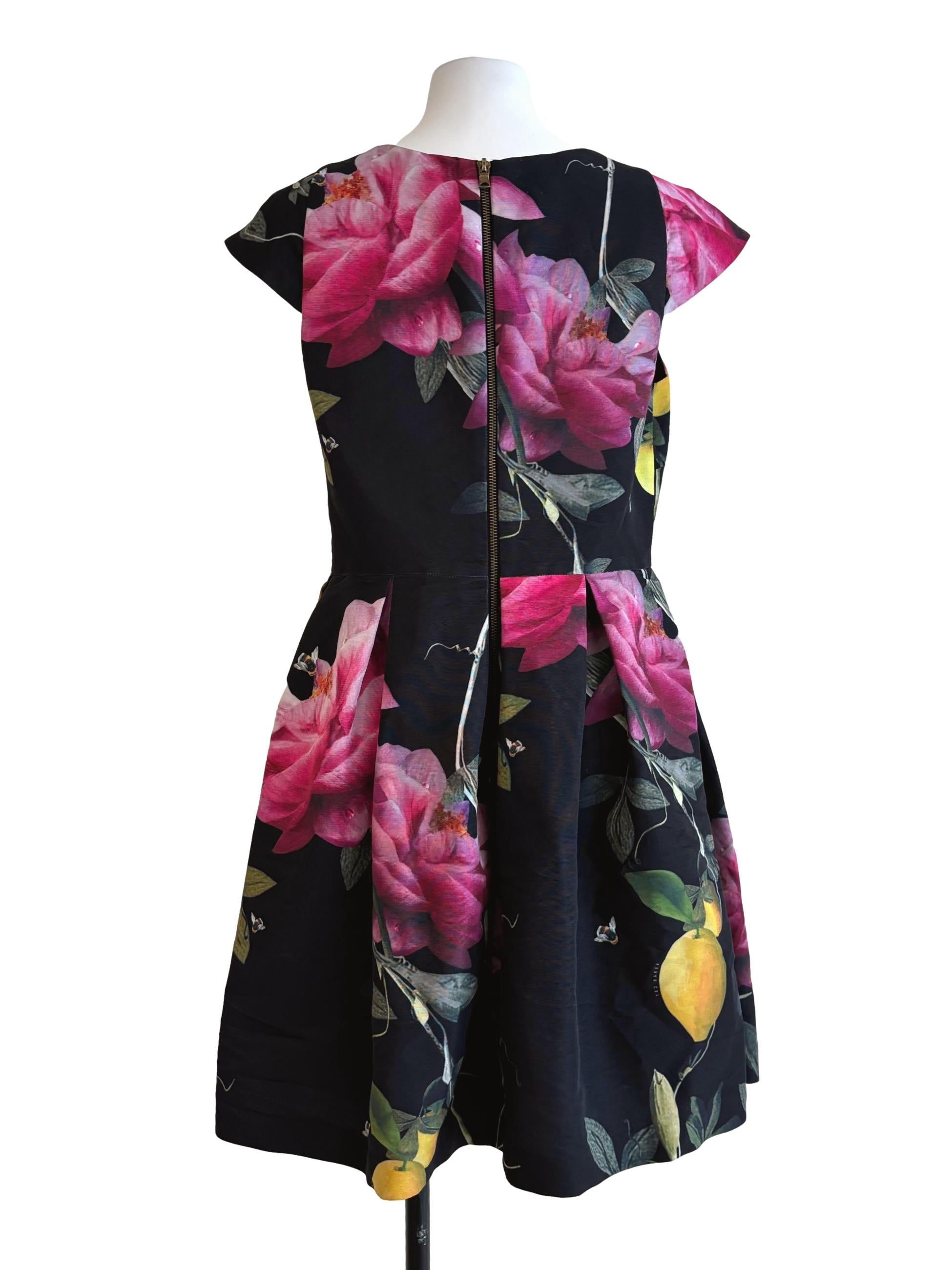 Jet Black Cap Sleeve Floral Dress