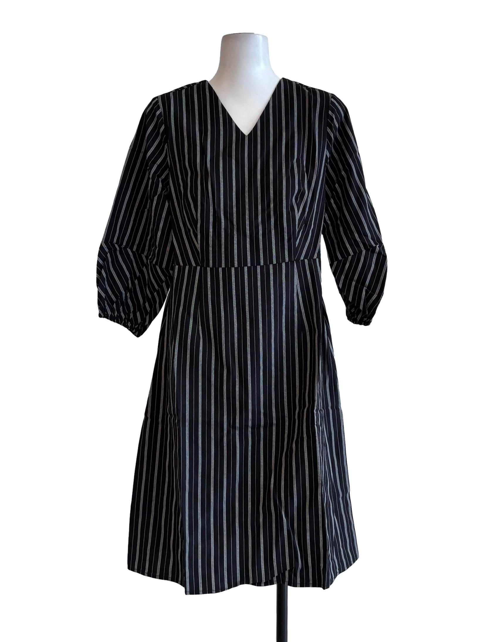 Jet Black Striped A-Line Cotton Dress