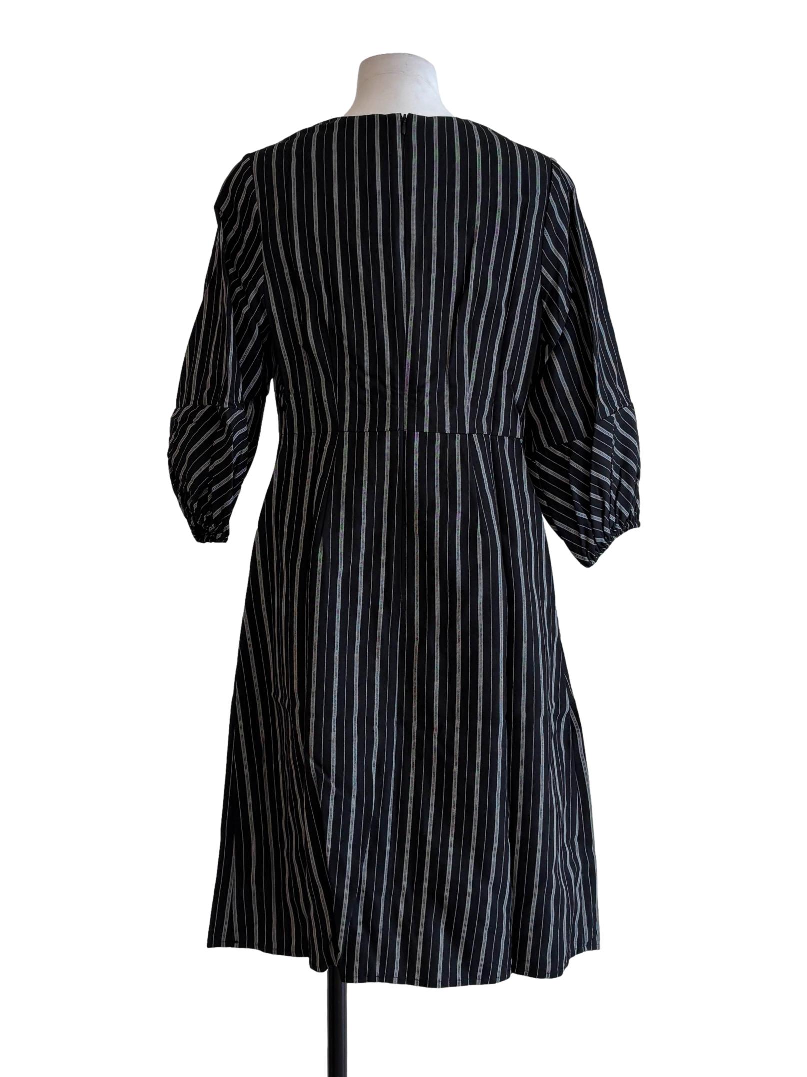 Jet Black Striped A-Line Cotton Dress