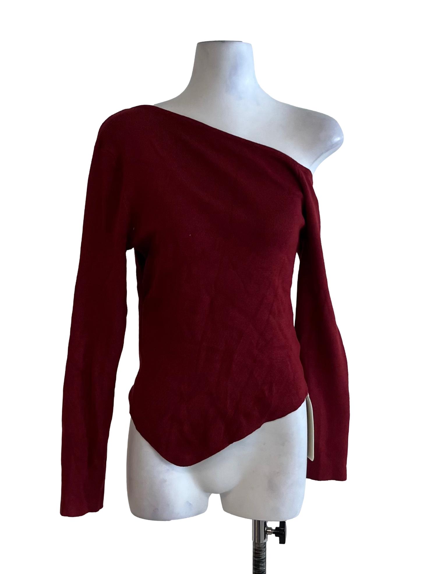 Wine Red Asymmetrical Neckline Blouse