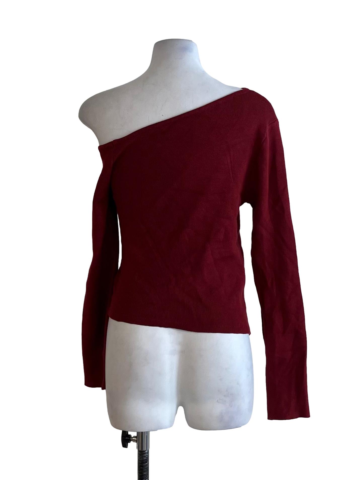 Wine Red Asymmetrical Neckline Blouse