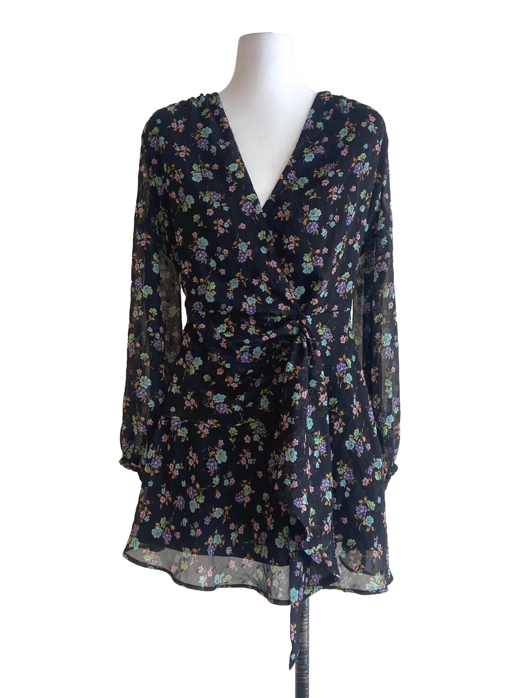 Black Floral V-Neck Ruffled Mini Dress