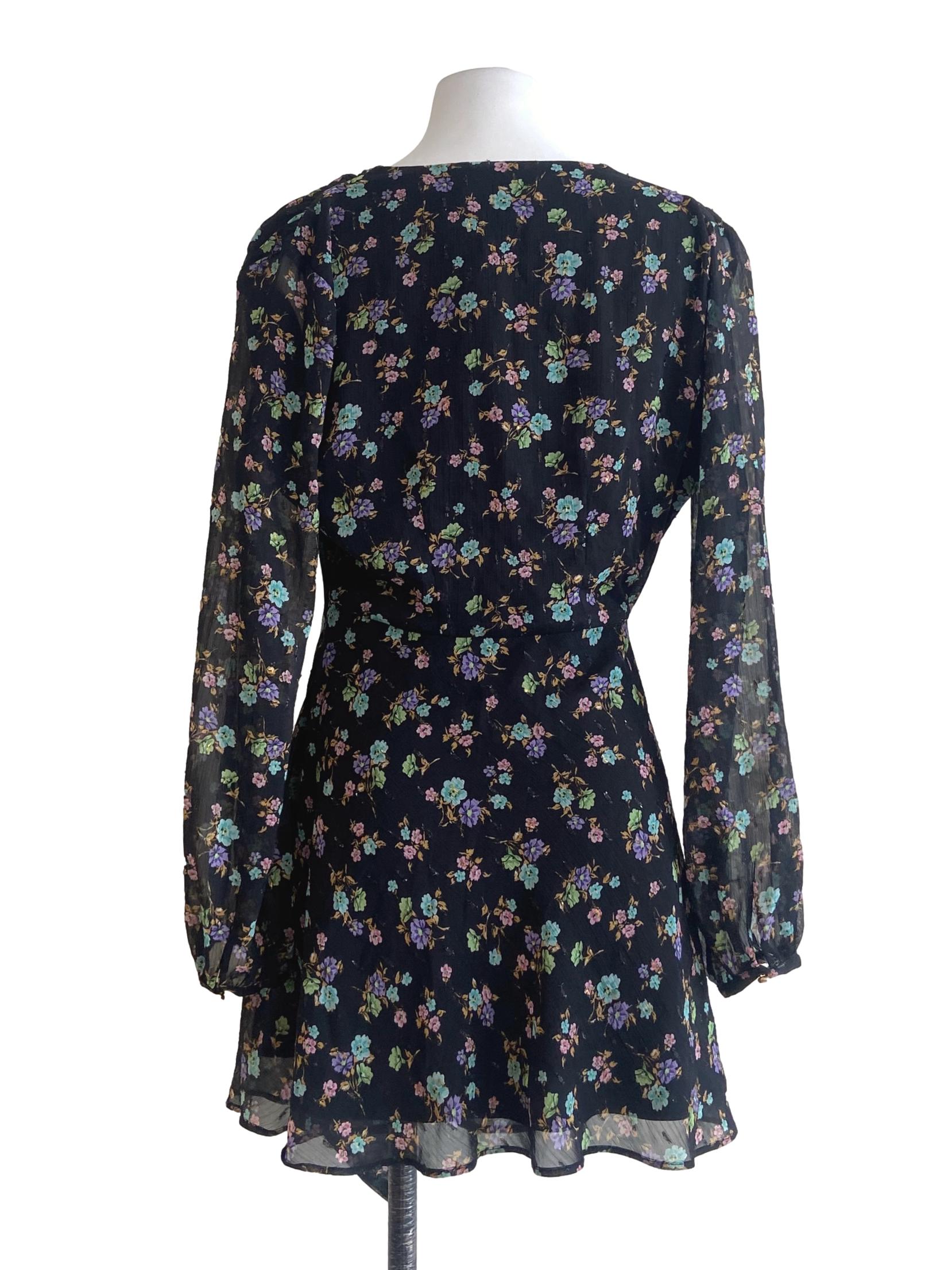 Black Floral V-Neck Ruffled Mini Dress