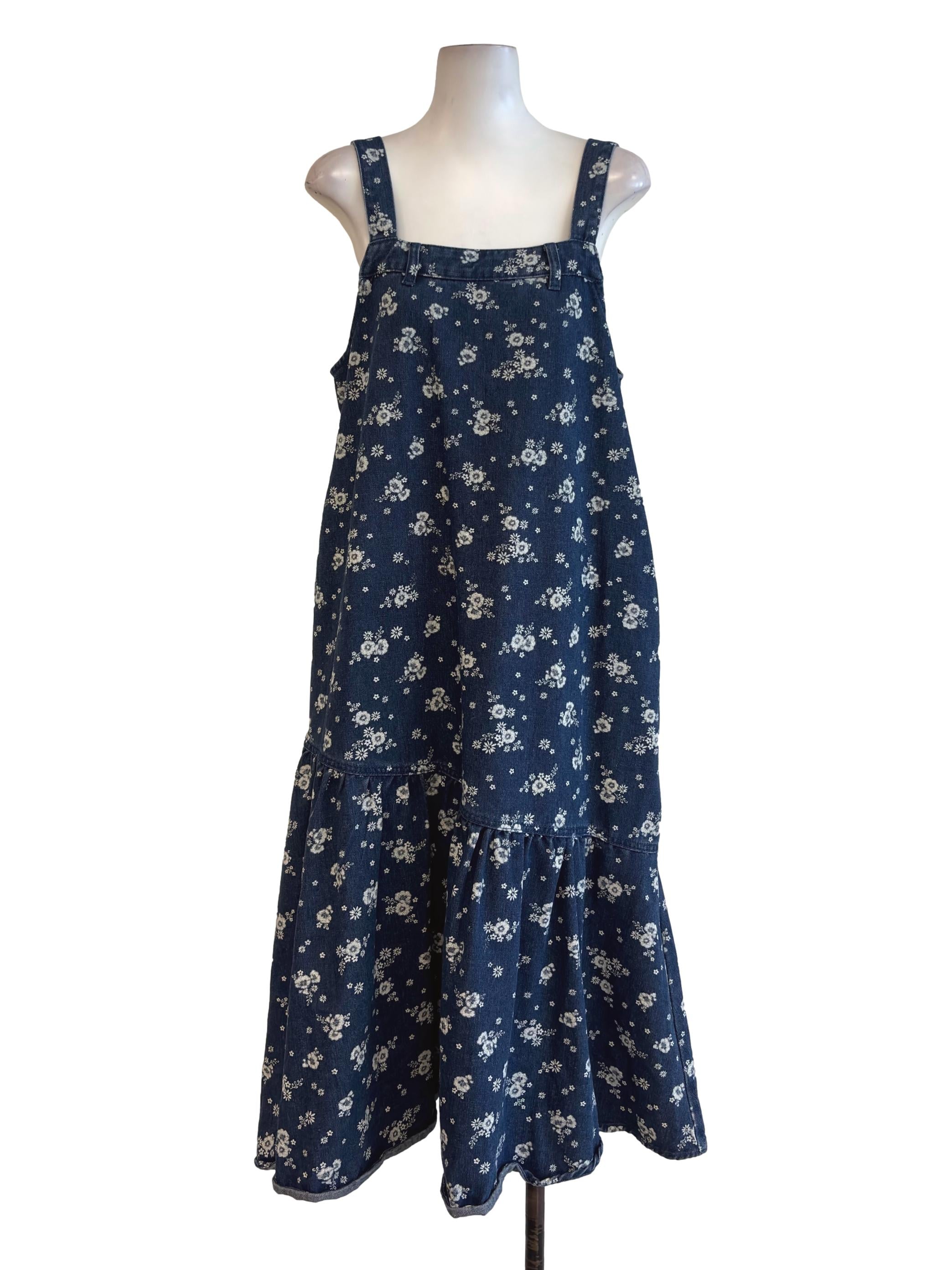 Dark Blue Floral Print Denim Dress