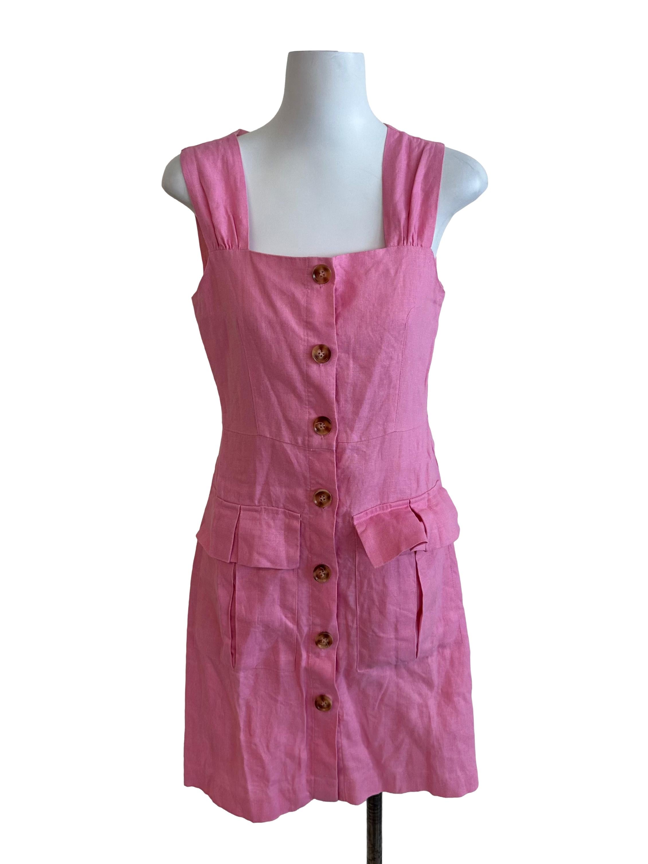 Candy Pink Square Neck Button Linen Dress