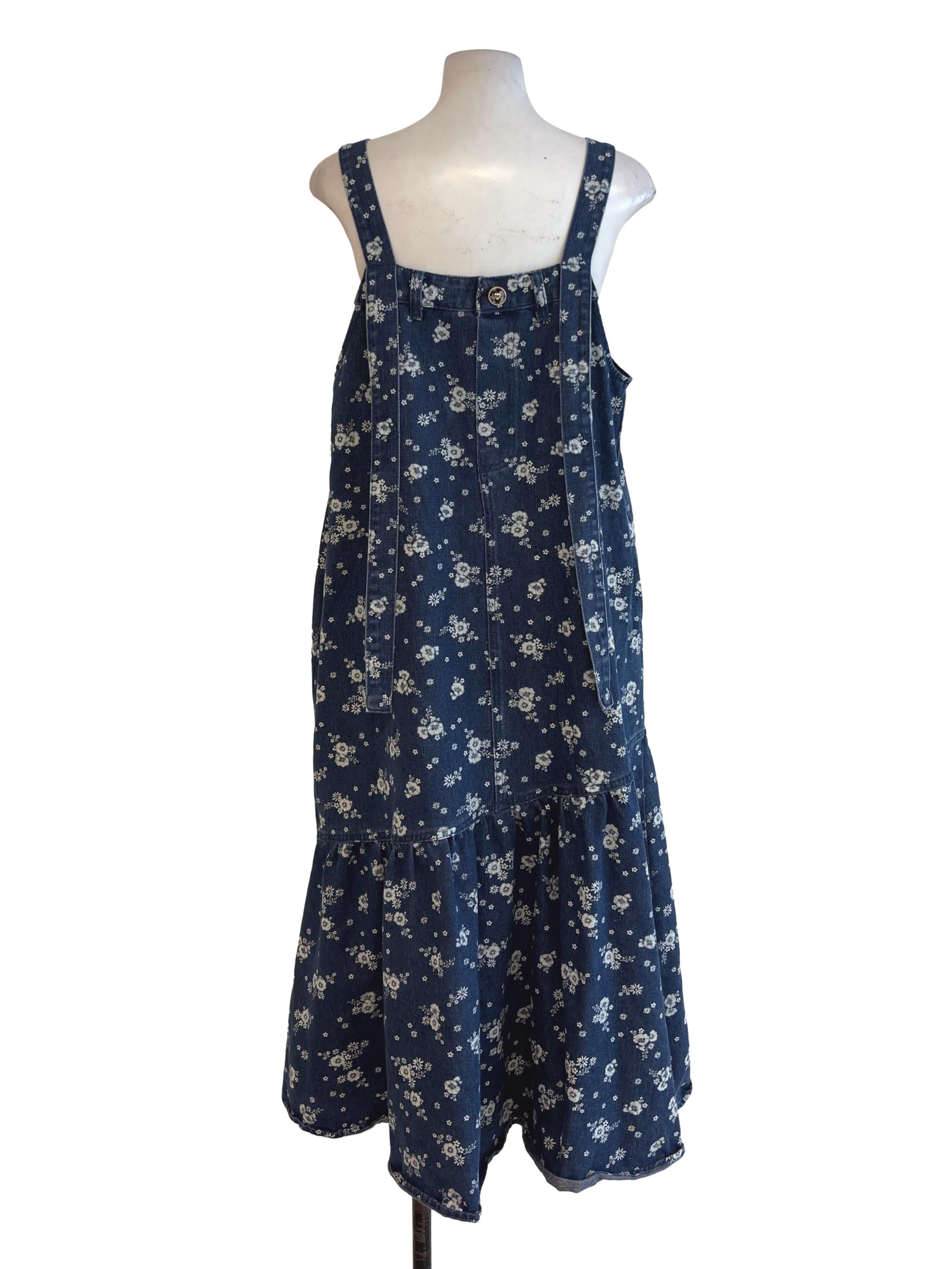 Dark Blue Floral Print Denim Dress