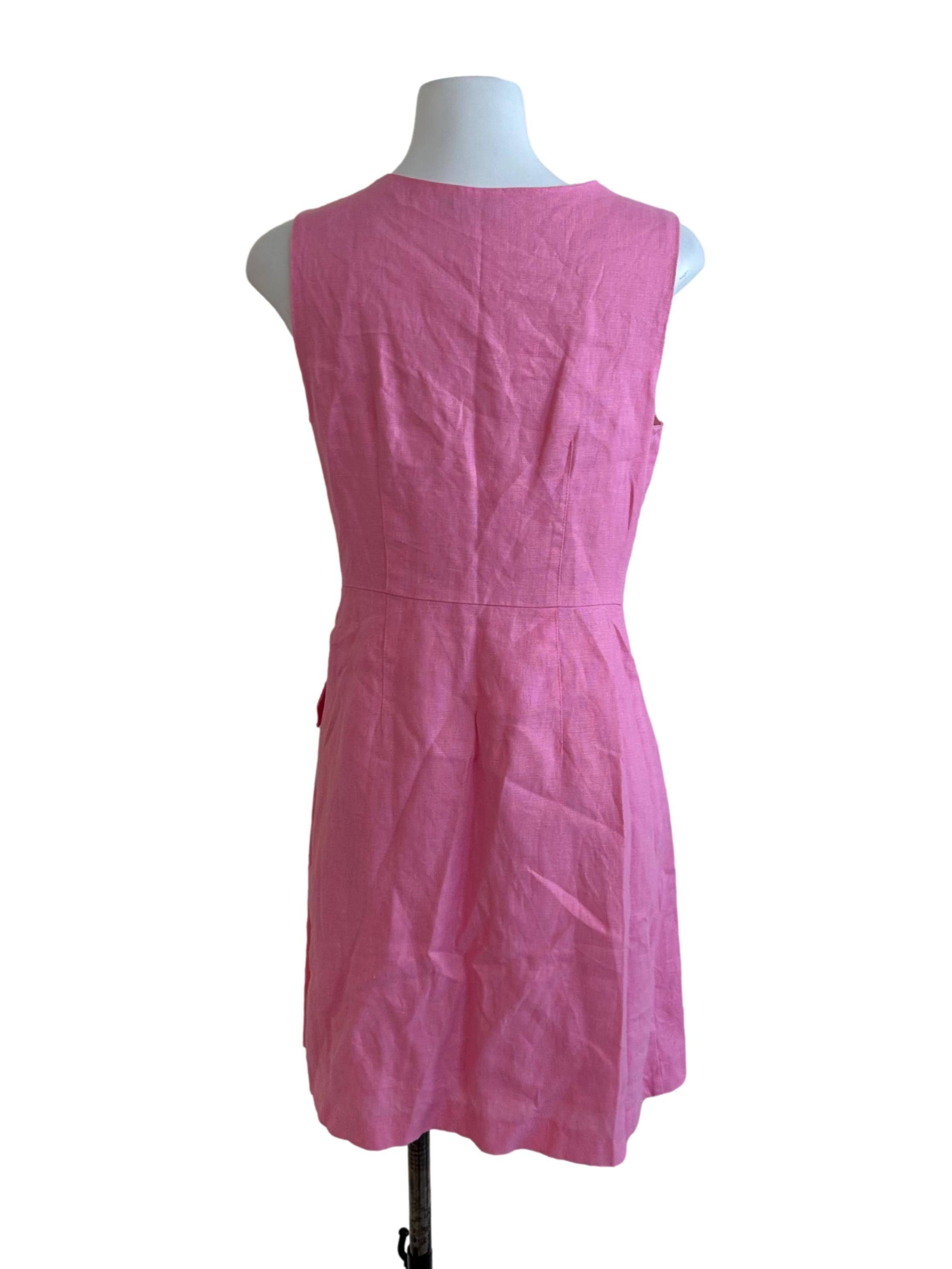 Candy Pink Square Neck Button Linen Dress