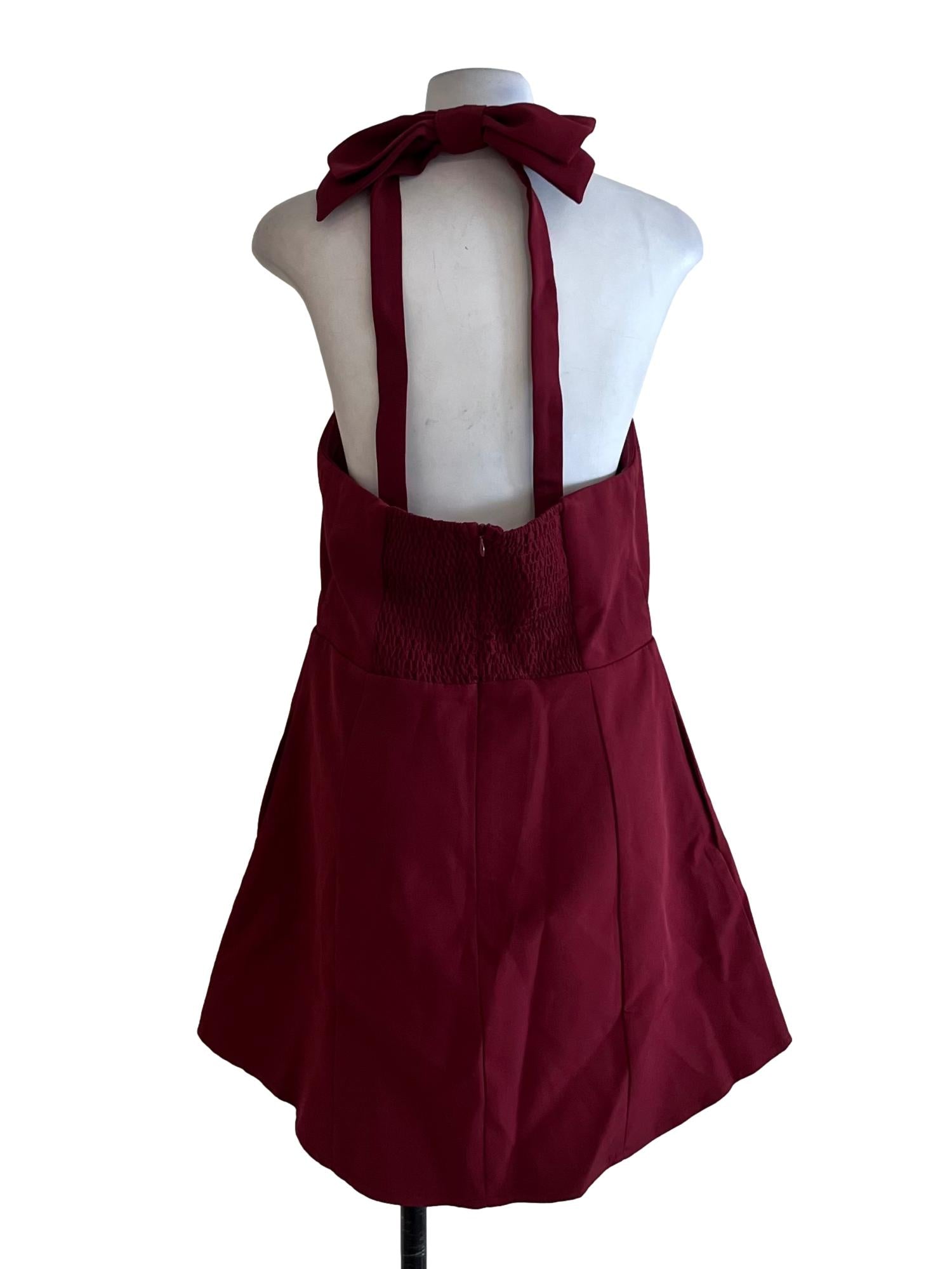 Wine Red Halter Neckline A-Line Dress