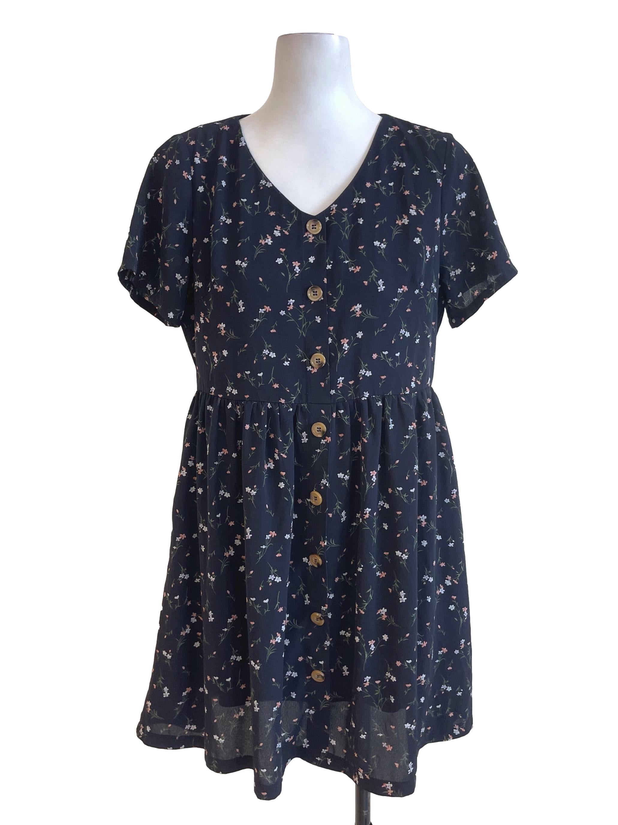 Blue Black Floral Button Dress