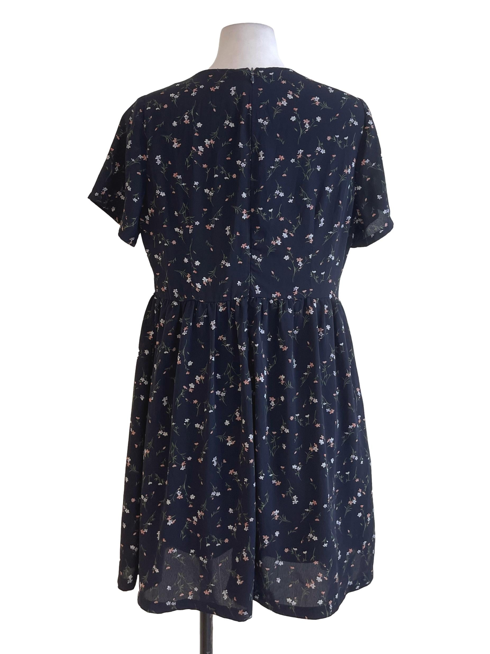 Blue Black Floral Button Dress