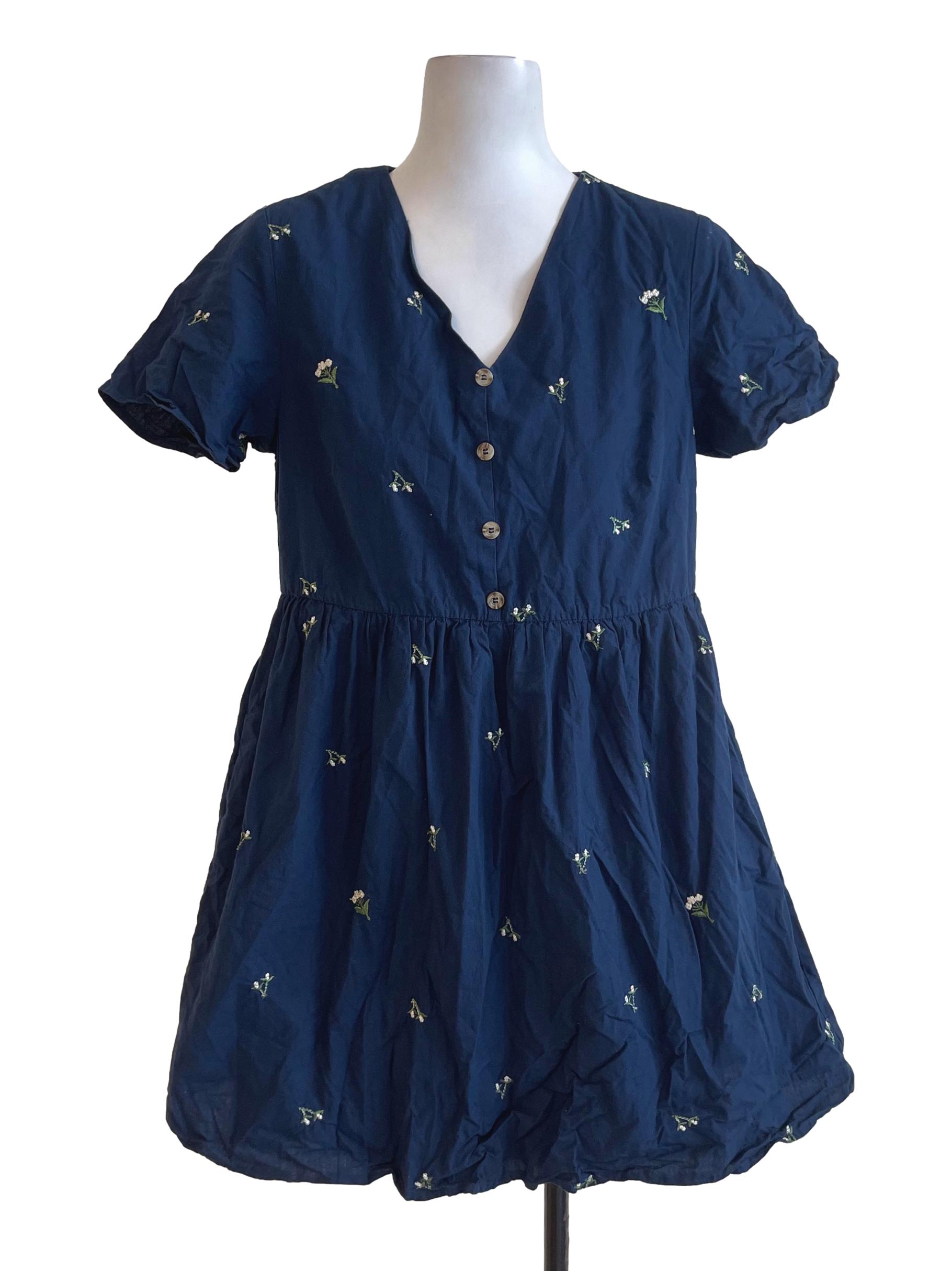 Navy Blue Embroidered Floral Dress
