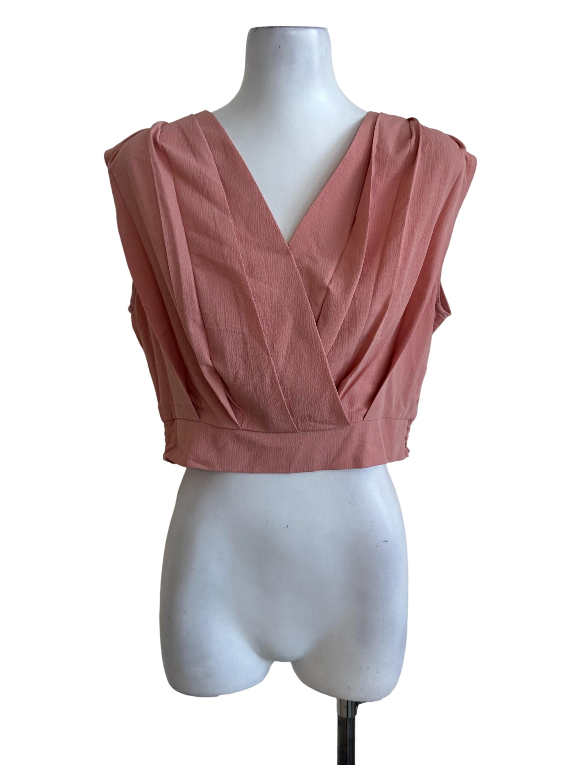 Dusty Pink V Neck Overlap Pleated Top