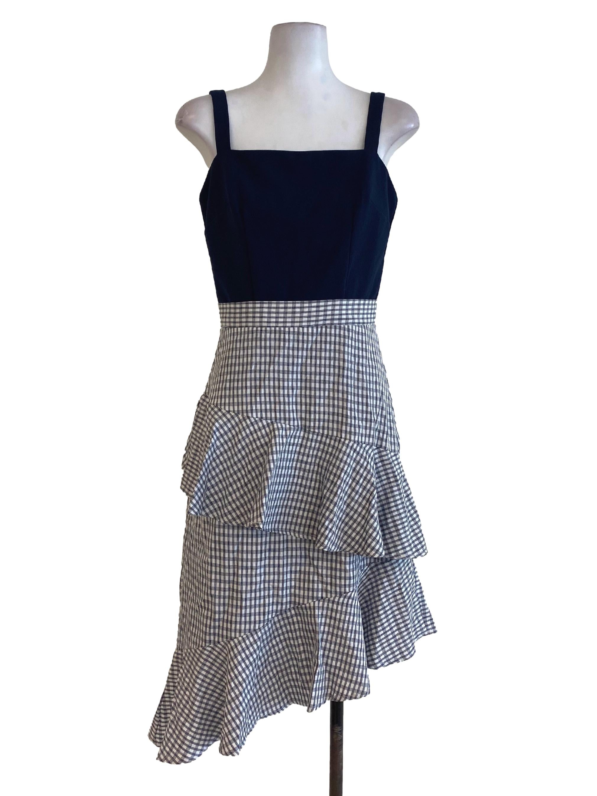 MDS Navy Blue Half Plaid Peplum Dress | REFASH