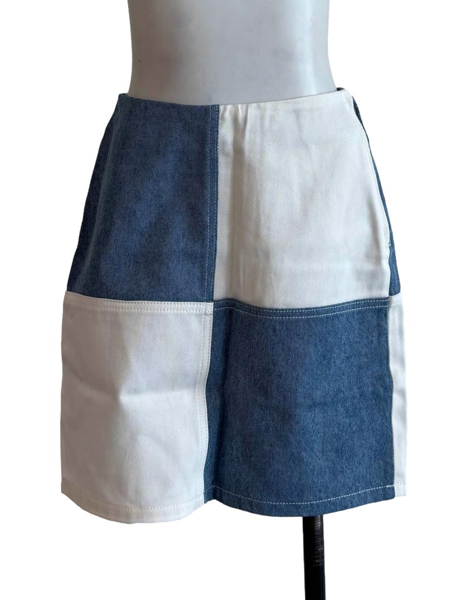 Blue White Checkered Denim Mini Skirt