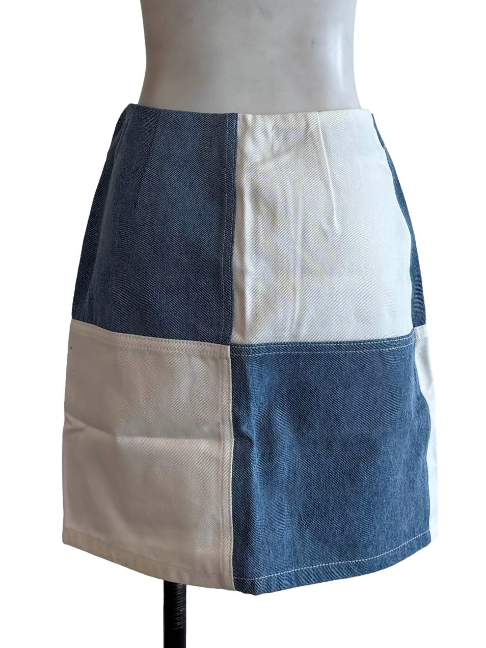 Blue White Checkered Denim Mini Skirt