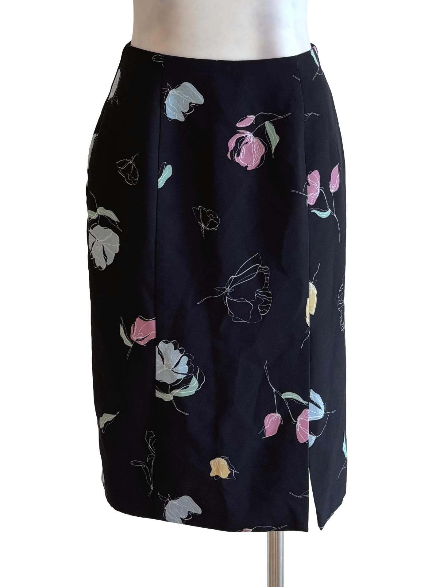 Black Floral Pattern Tube Midi Skirt
