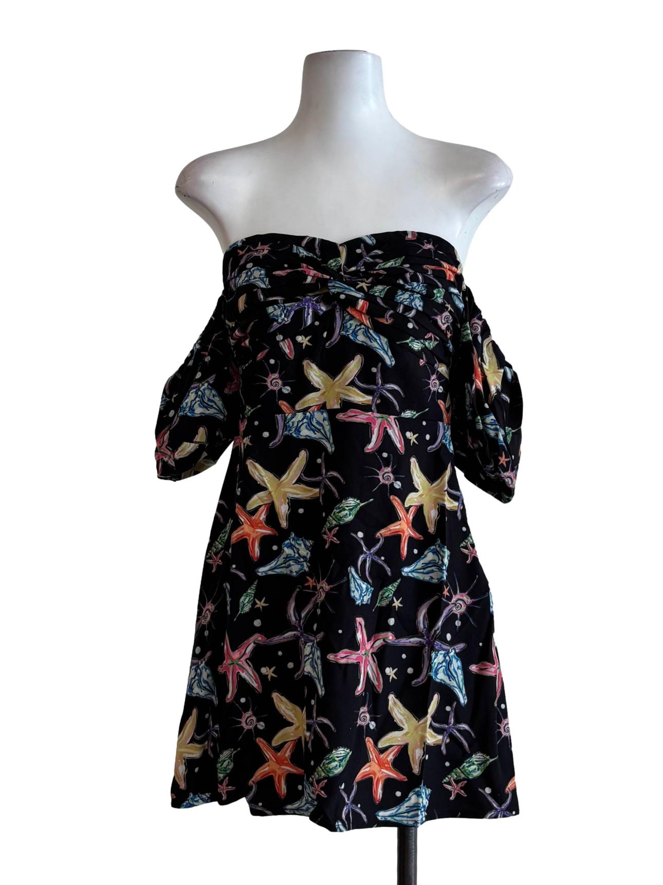 Onyx Black Starfish Print Off Shoulder Dress