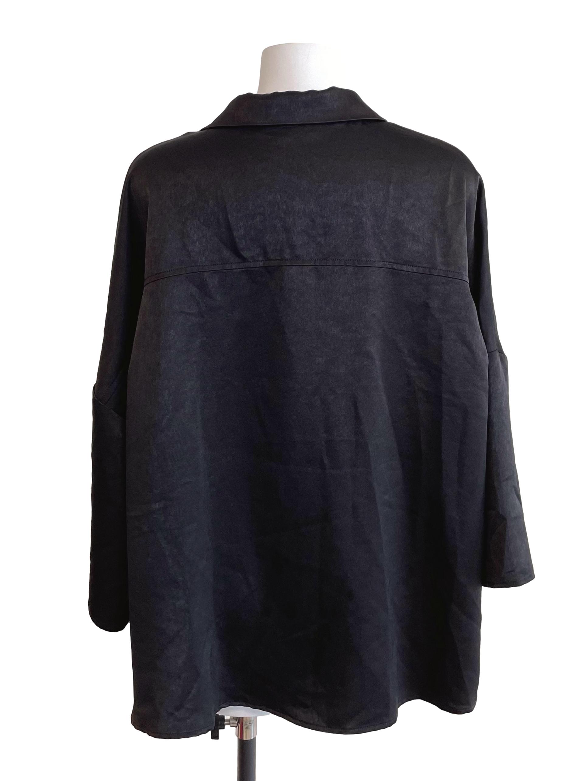 Black Satin Drop Shoulder Wide Swing Shirt