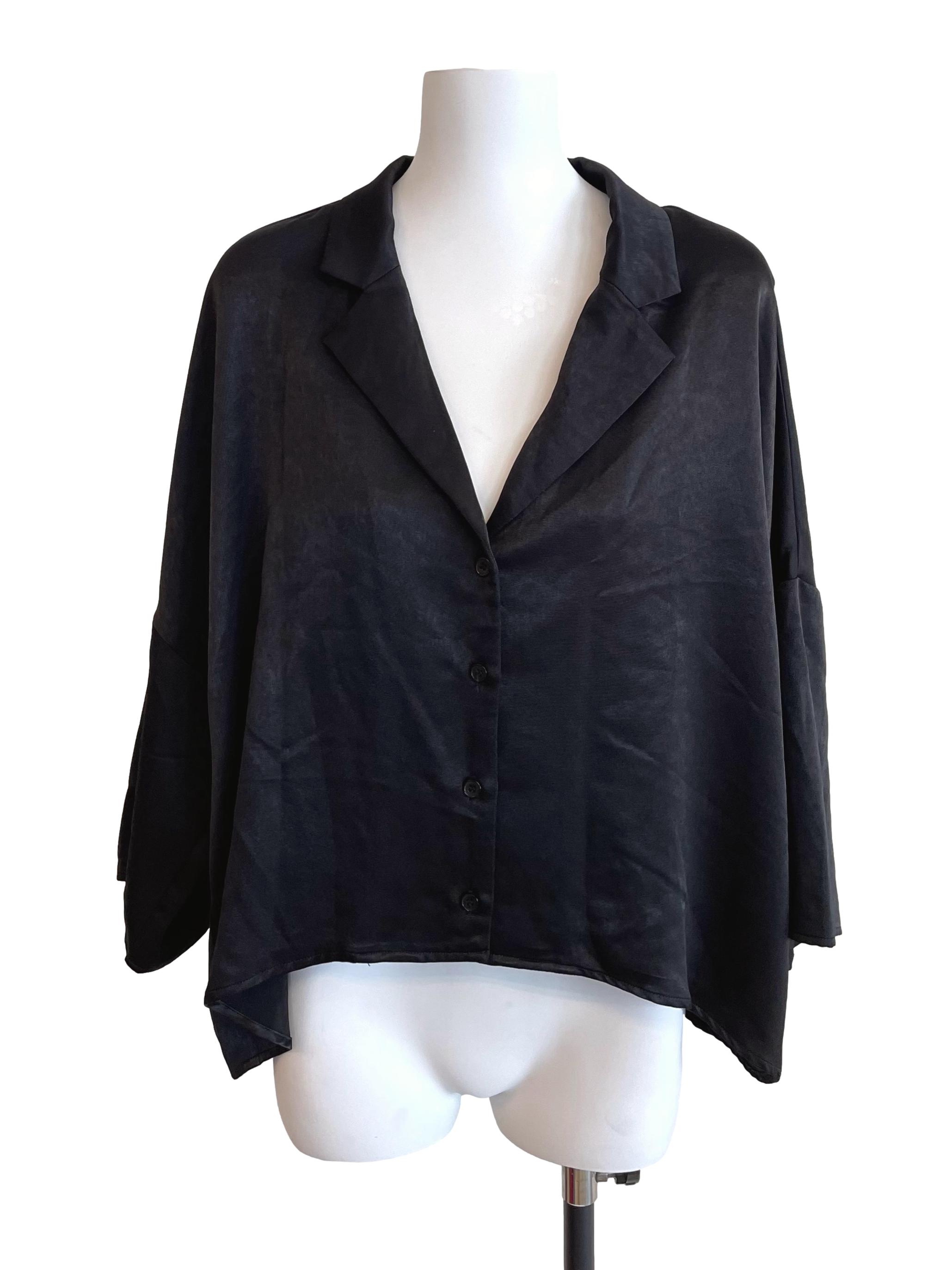Black Satin Drop Shoulder Wide Swing Shirt