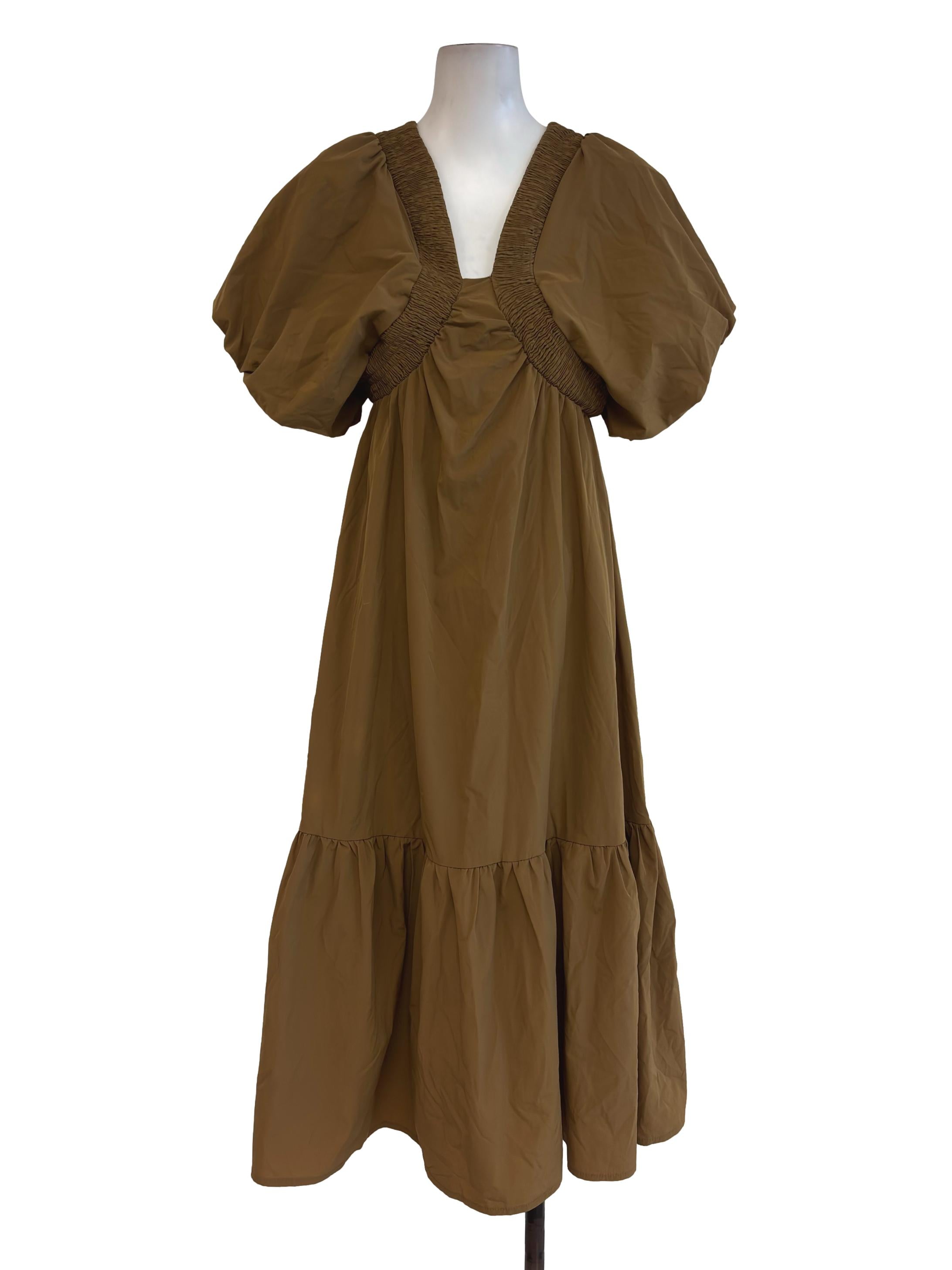 Coffee Brown Elastic Neck Balloon Sleeve Dress