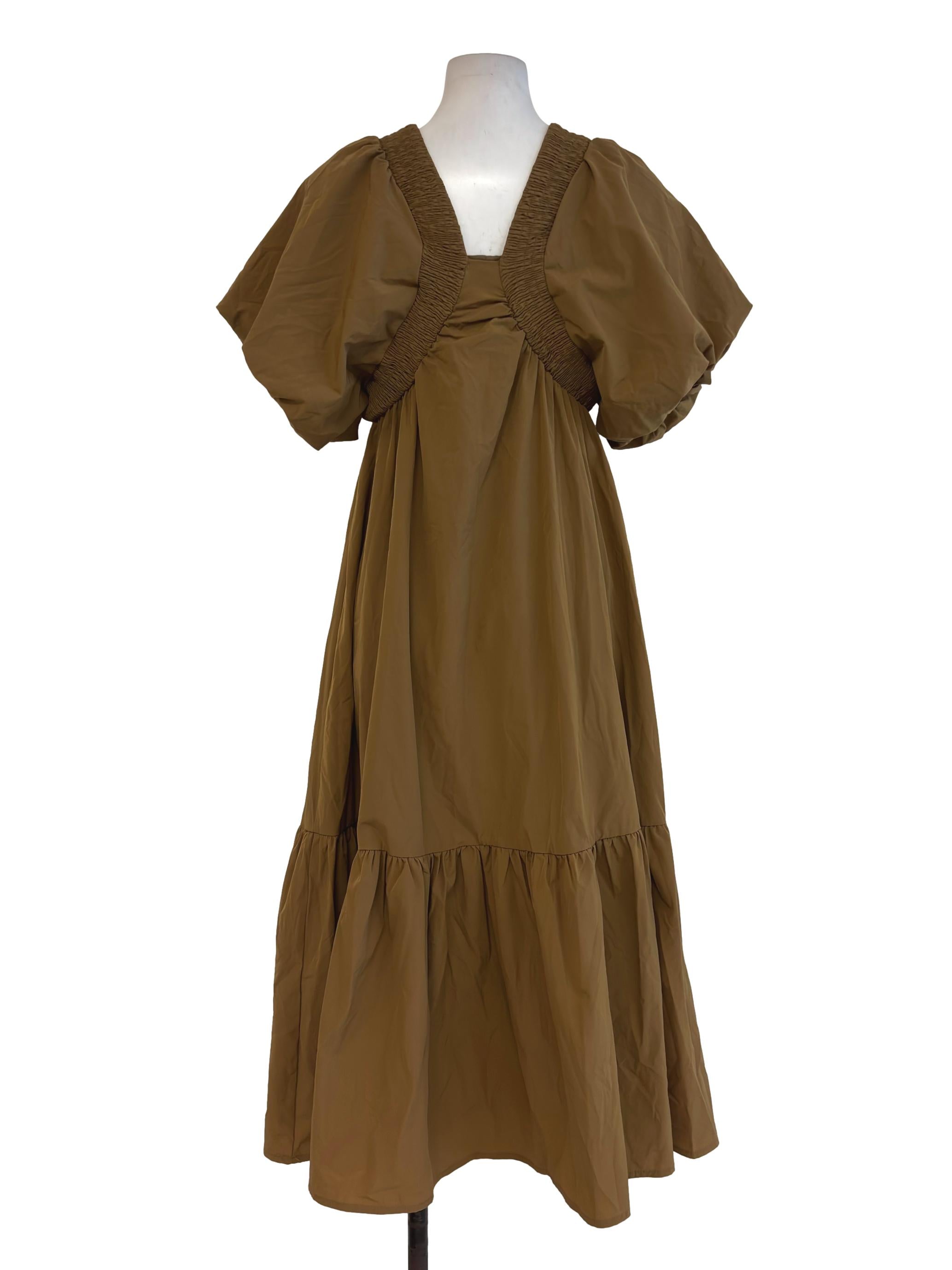 Coffee Brown Elastic Neck Balloon Sleeve Dress