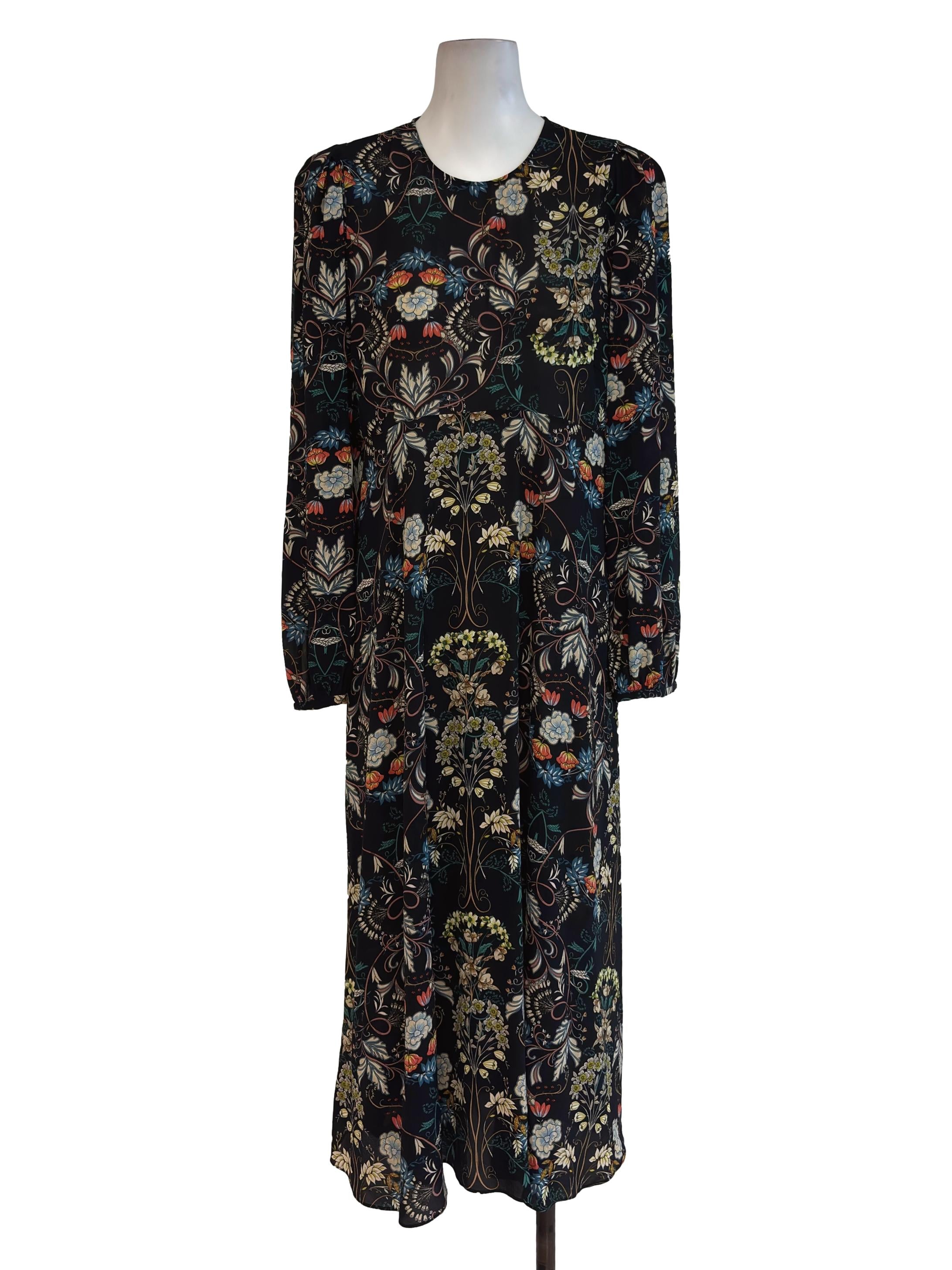 Dark Blue Floral Print Unlined Dress