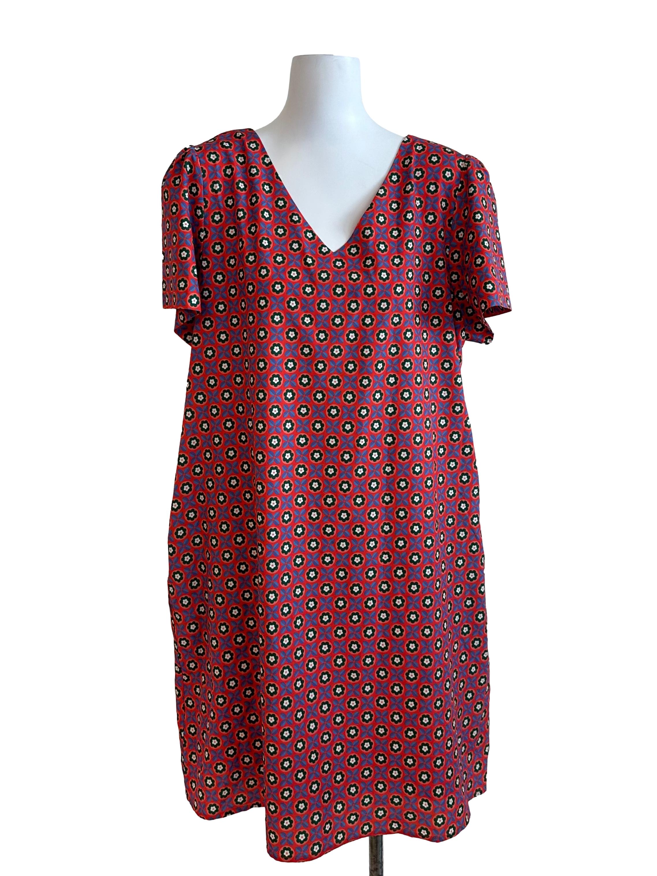 Fire Orange Pattern V Neck Dress