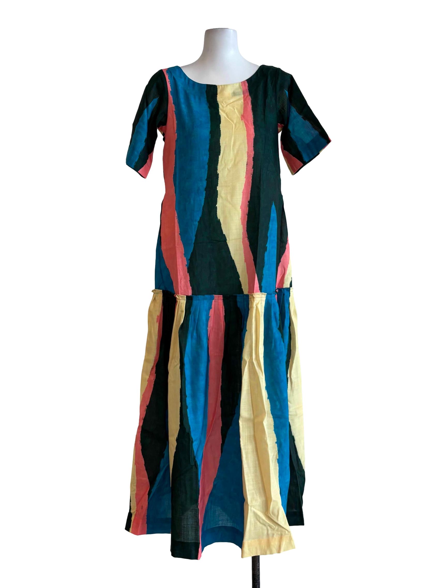 Multicolor Short Sleeve Cotton Drop Waist Dress