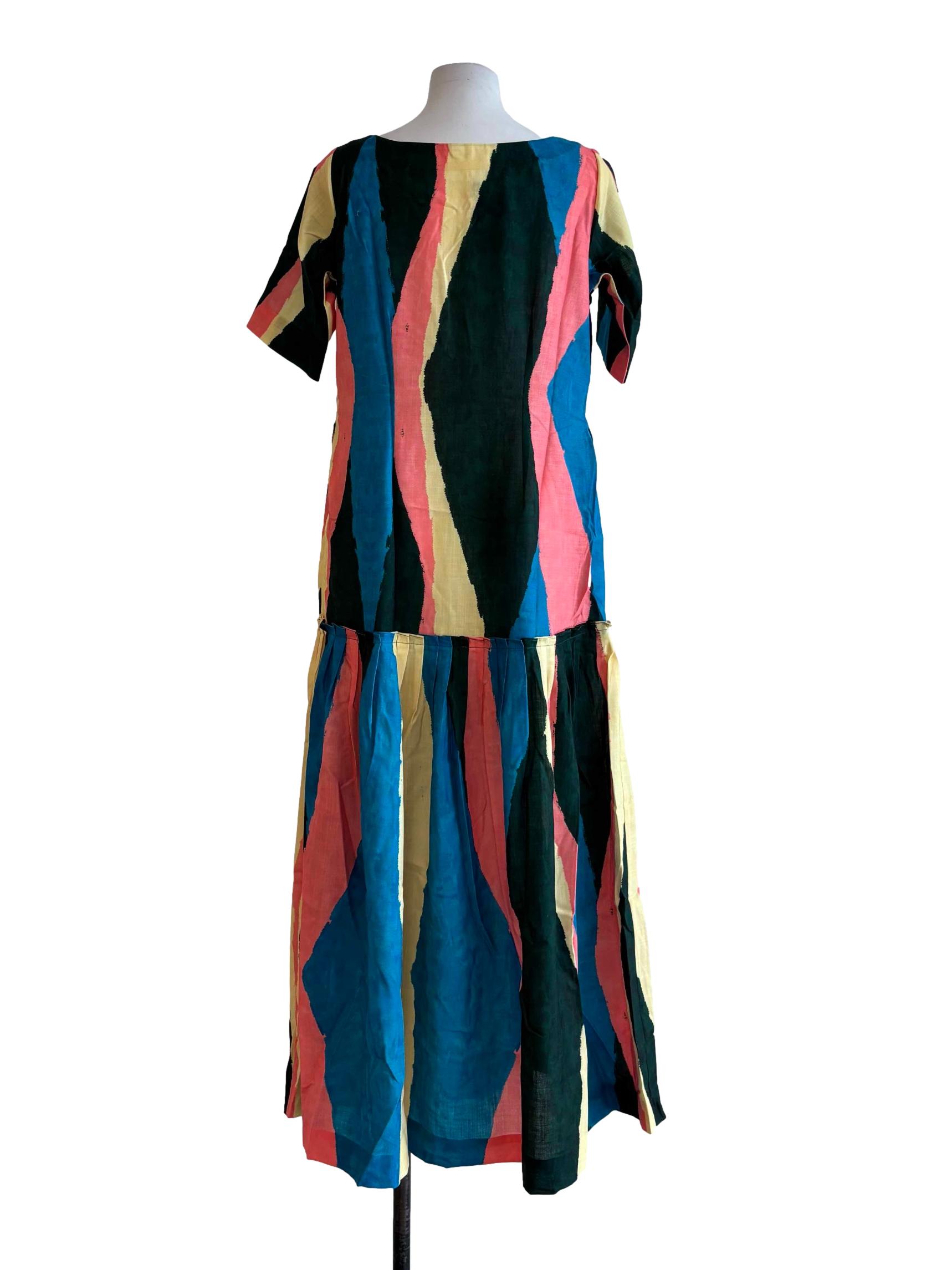 Multicolor Short Sleeve Cotton Drop Waist Dress