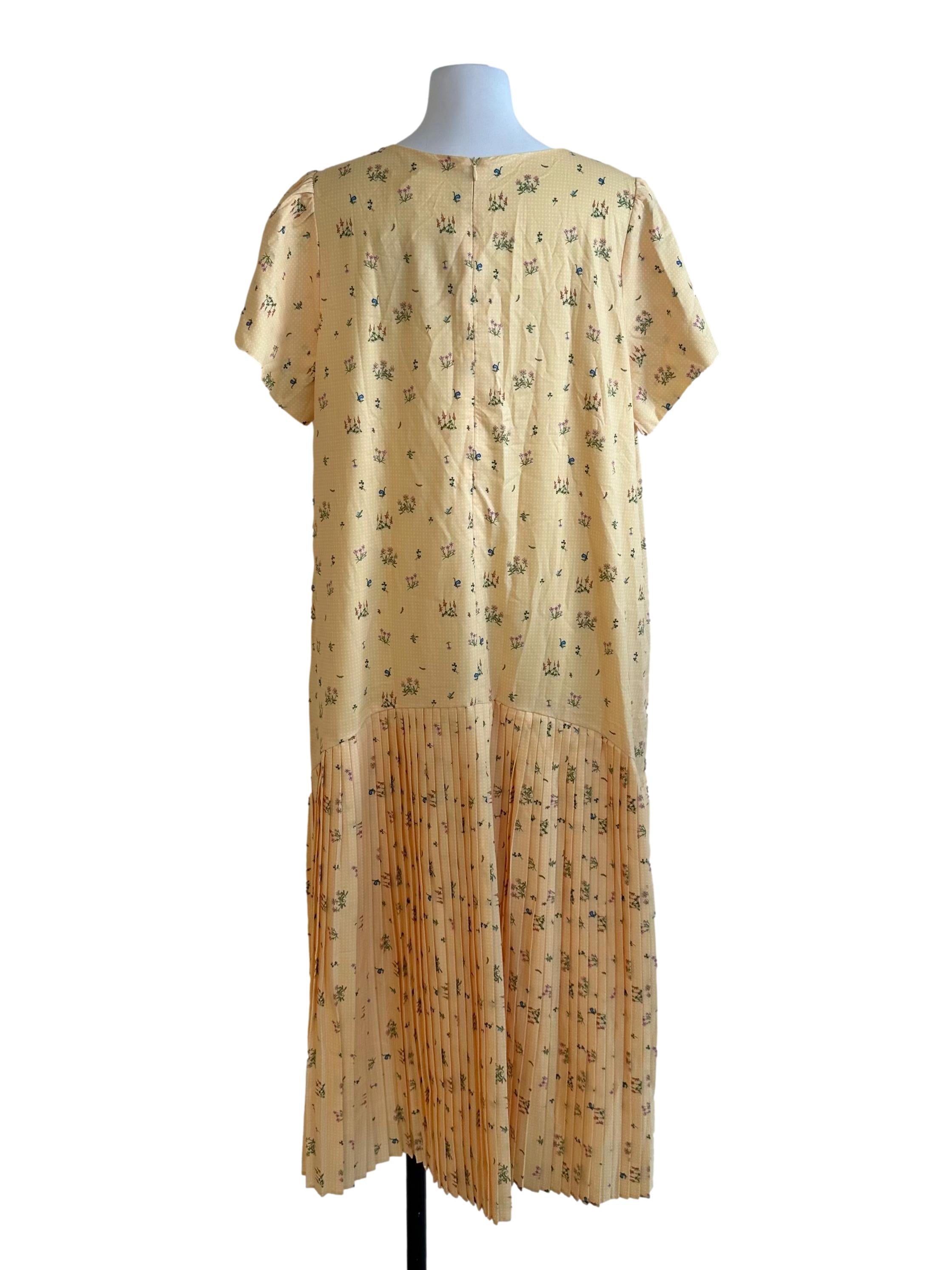 Sunny Yellow Floral Pattern Pleated Dress