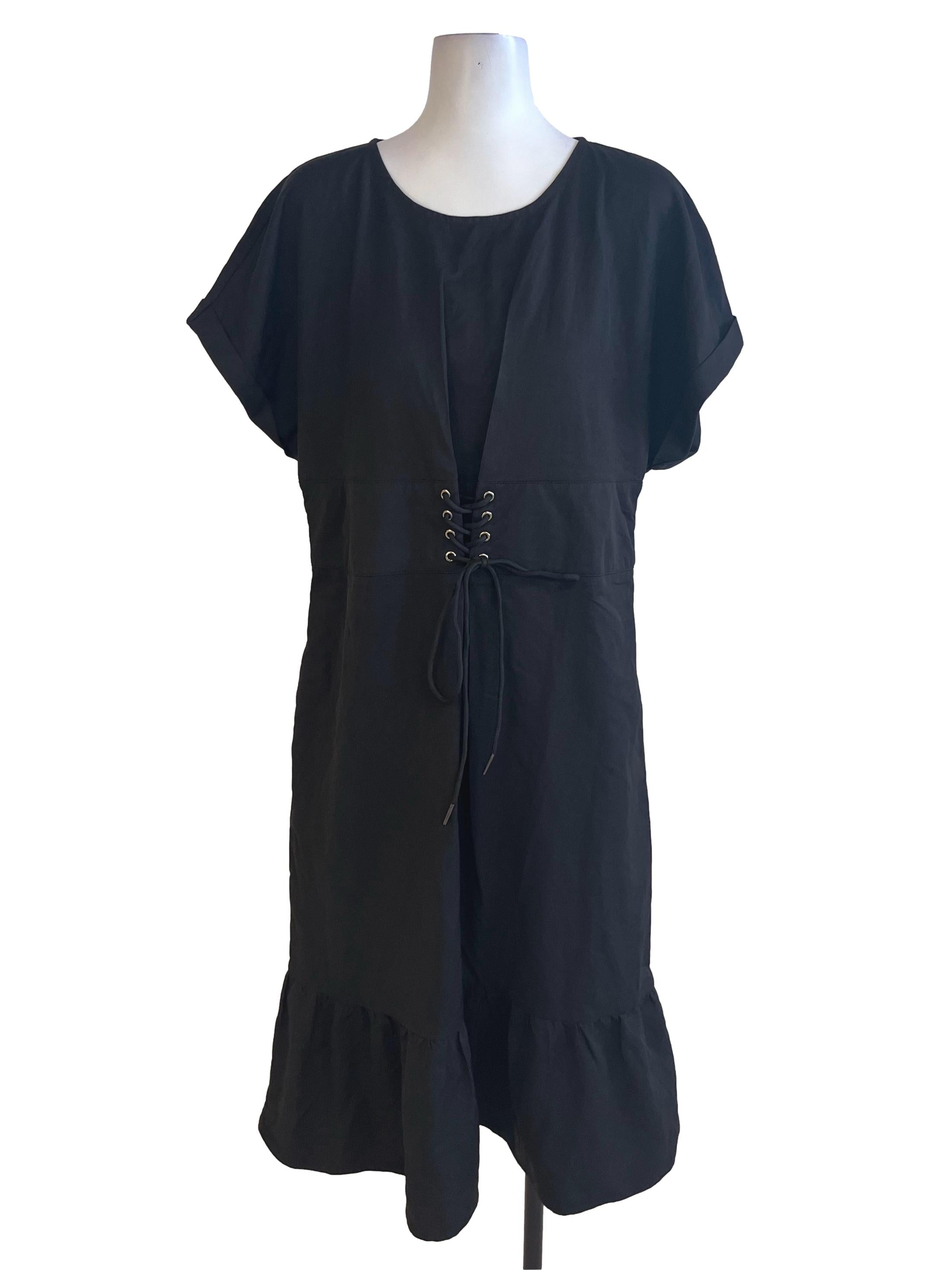 Black Round Neck Drop Waist Dress