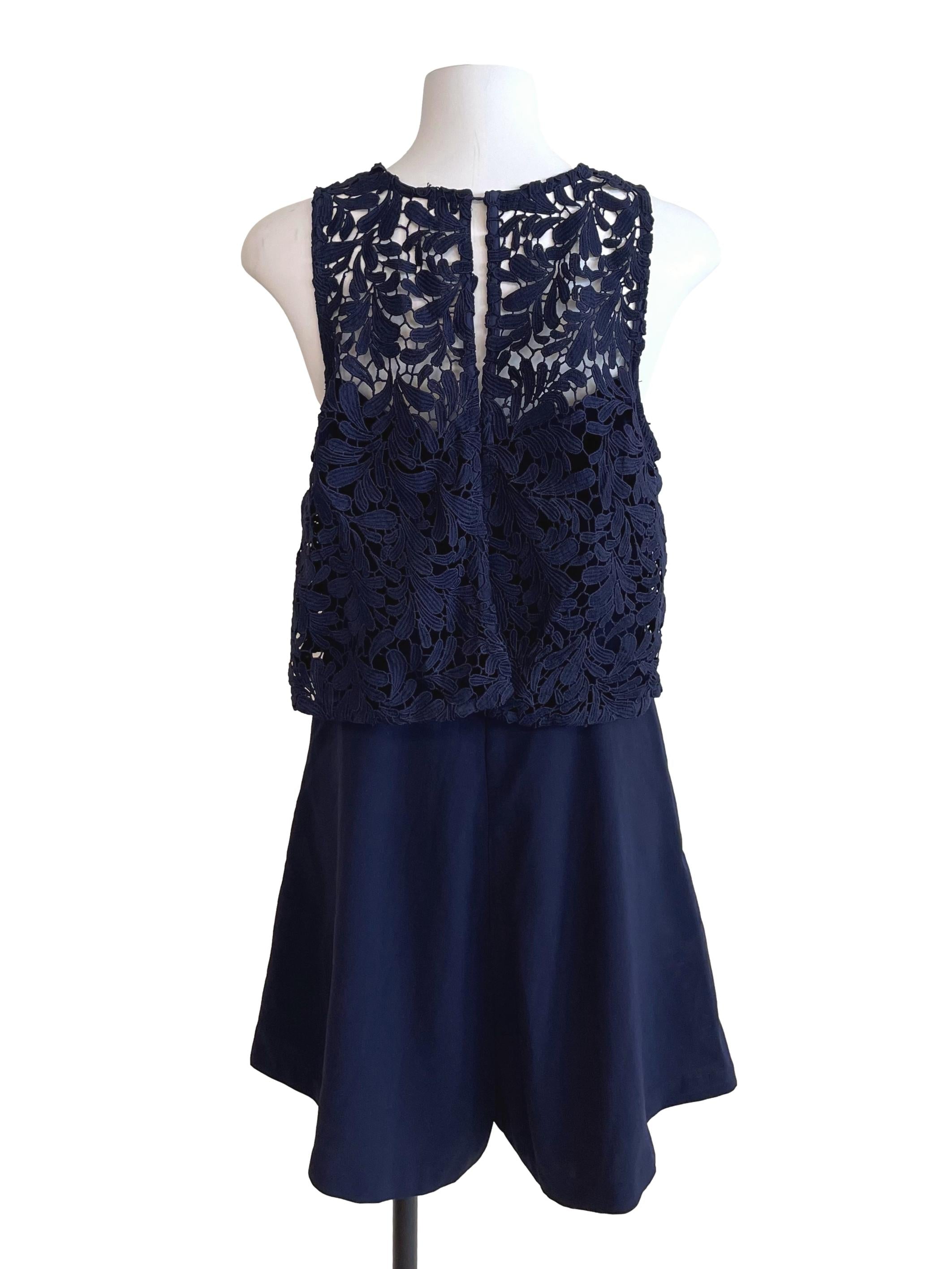 Navy Embroidery Pleated  Romper