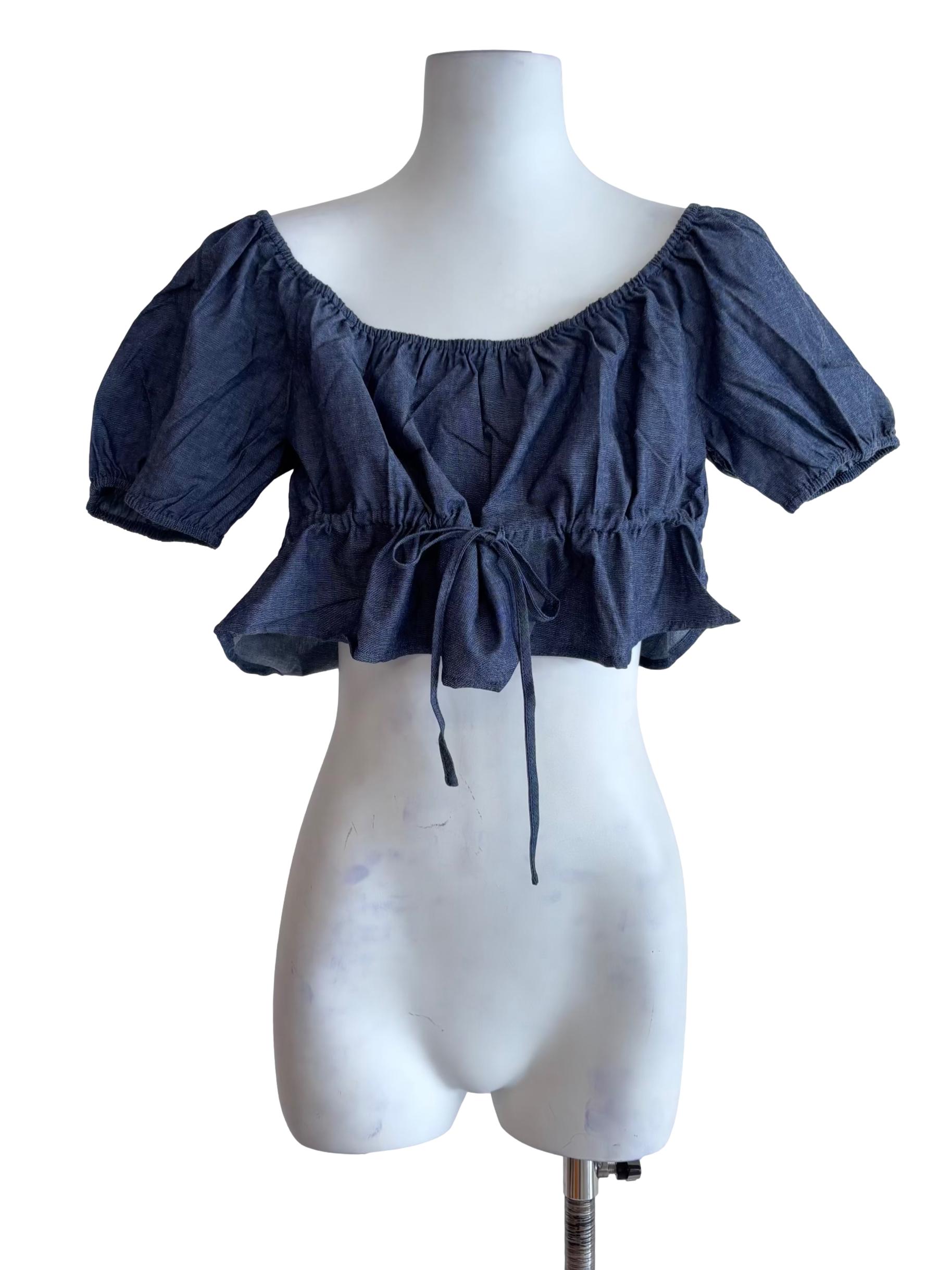 Dark Blue Bert Chambray Puffy Drawstring Sleeve Top