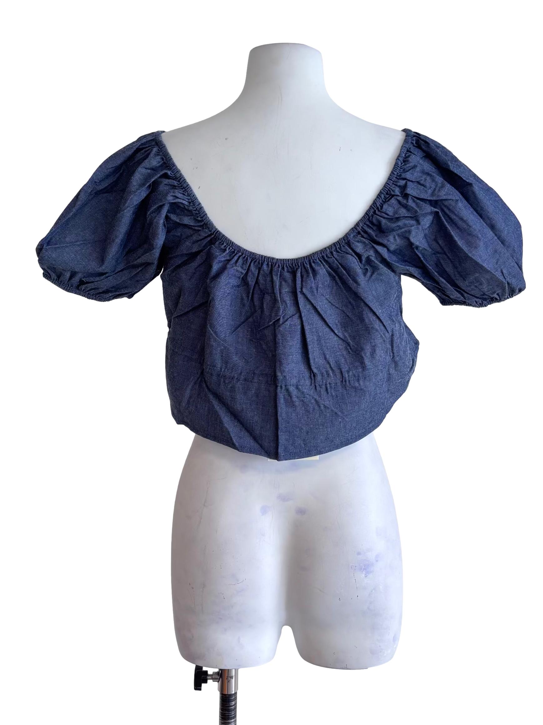 Dark Blue Bert Chambray Puffy Drawstring Sleeve Top