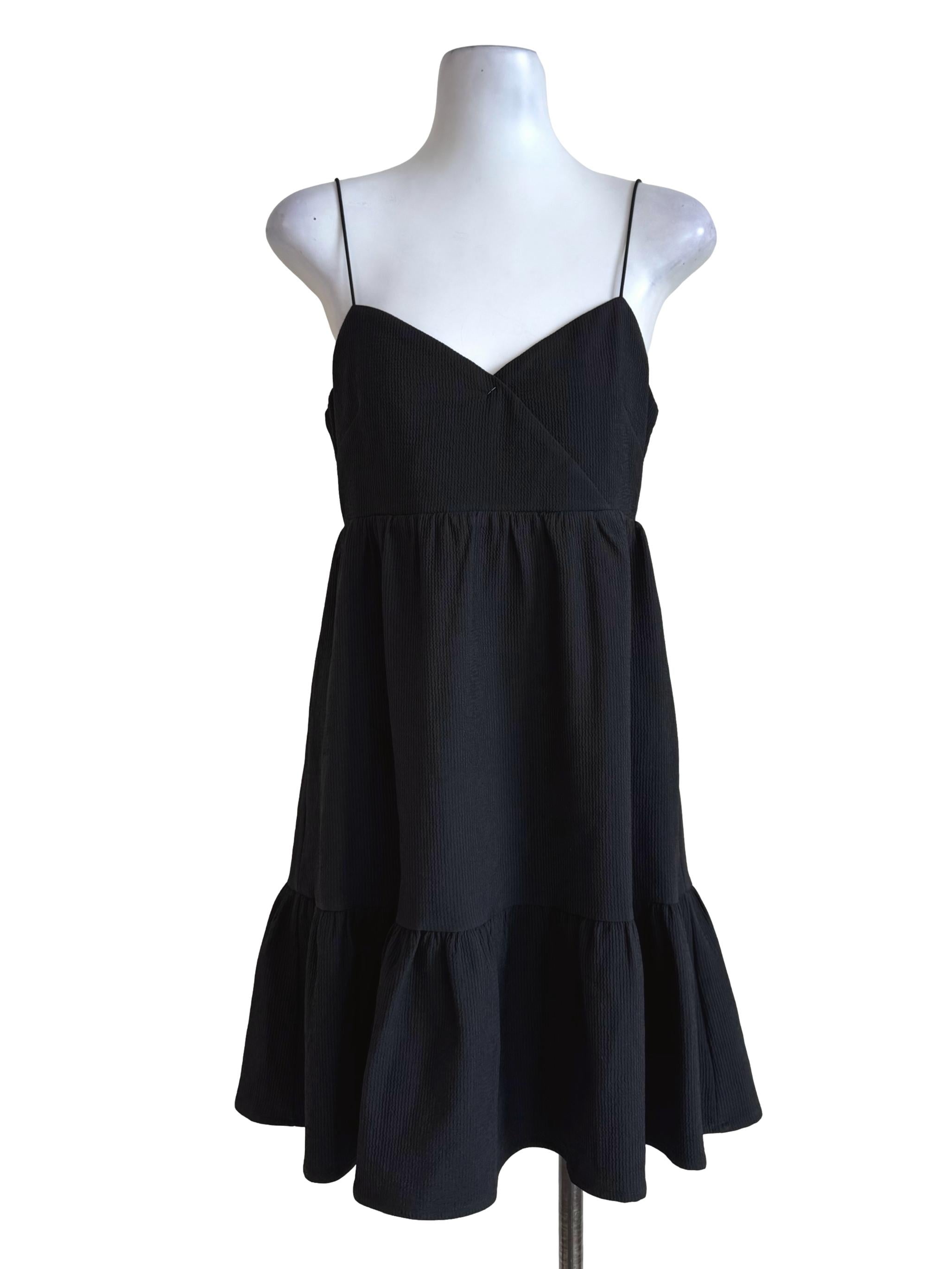 Textured Black V Neck Mini Dress