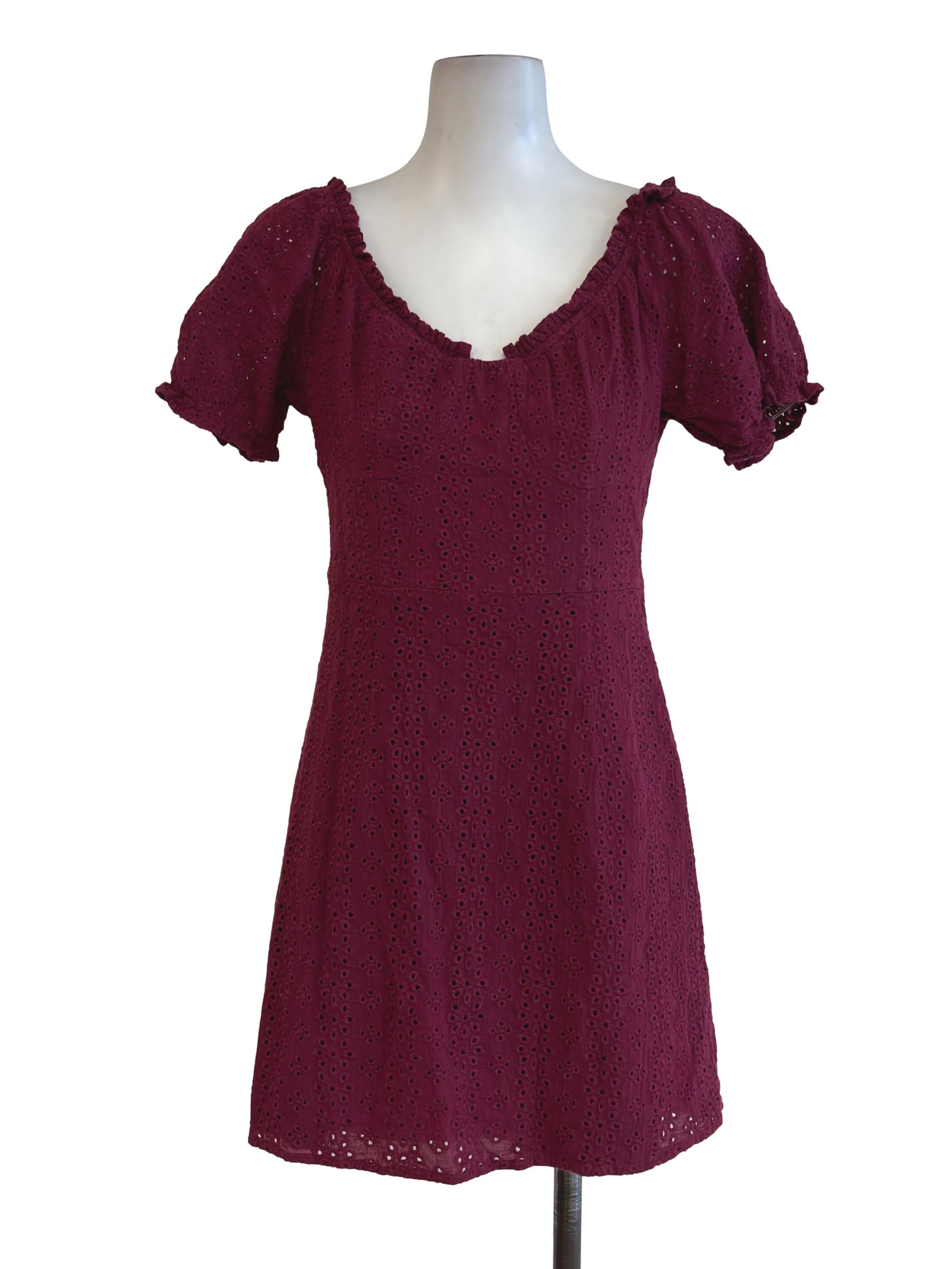 Maroon Red Eyelet Mini Dress