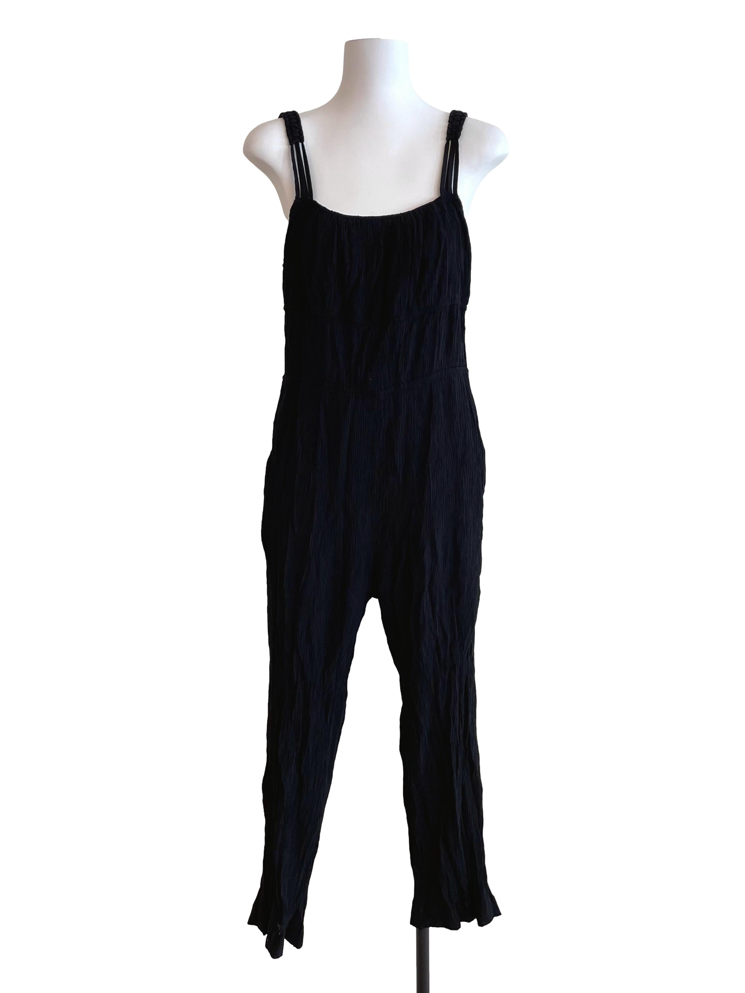 Black Creased Hollow Waist Jumpsuit