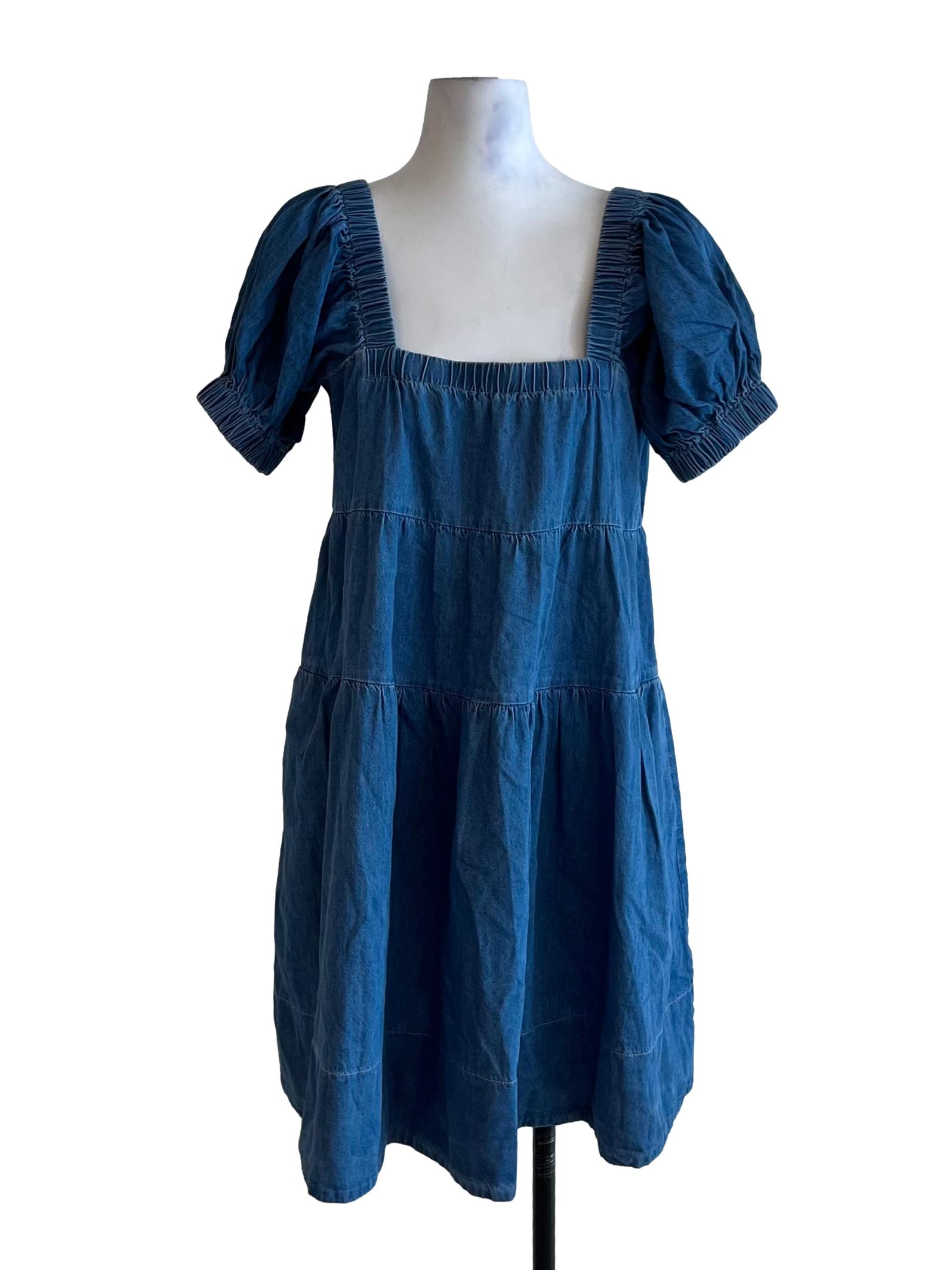 Blue Square Neckline Empire Dress