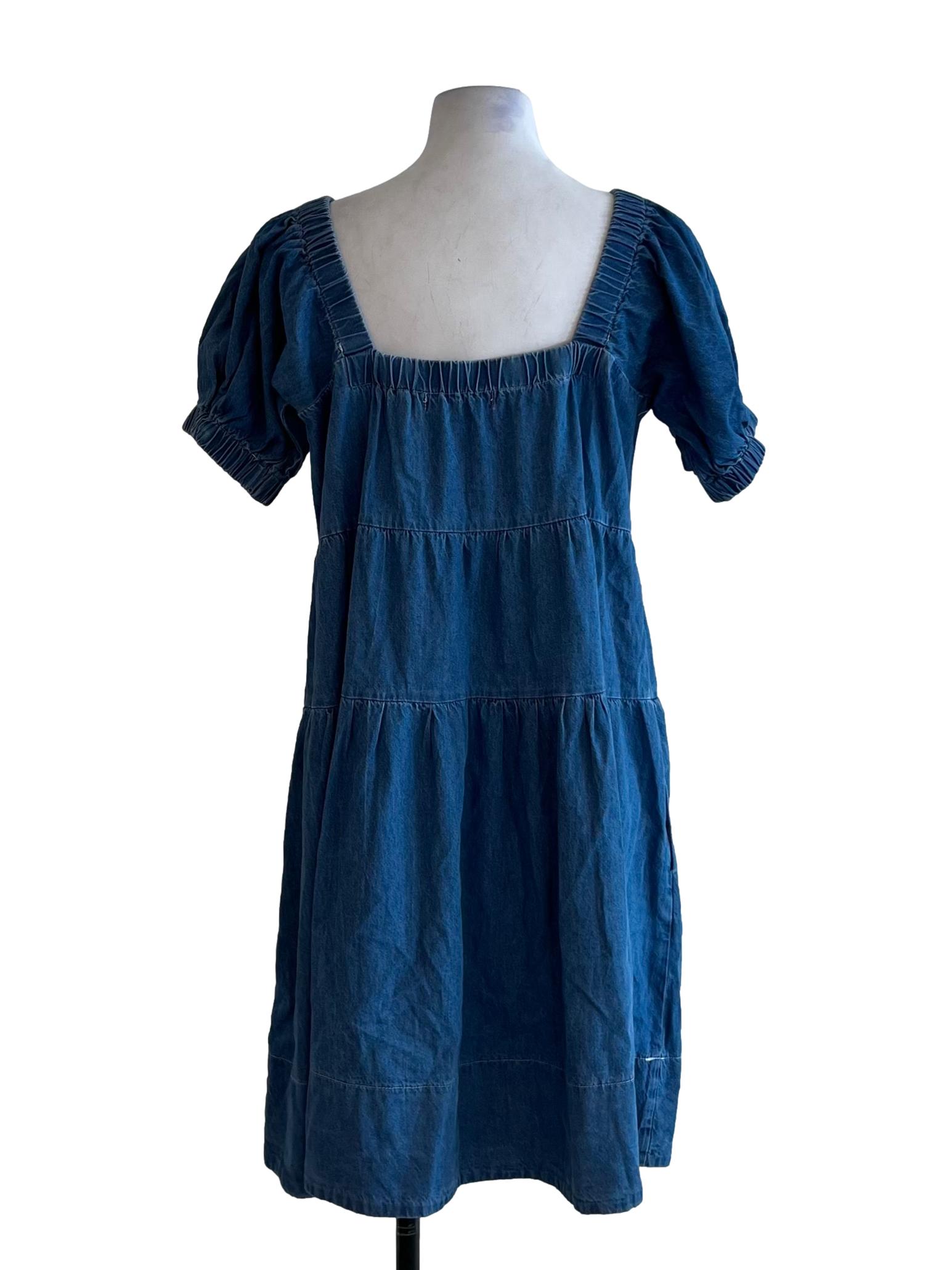 Blue Square Neckline Empire Dress
