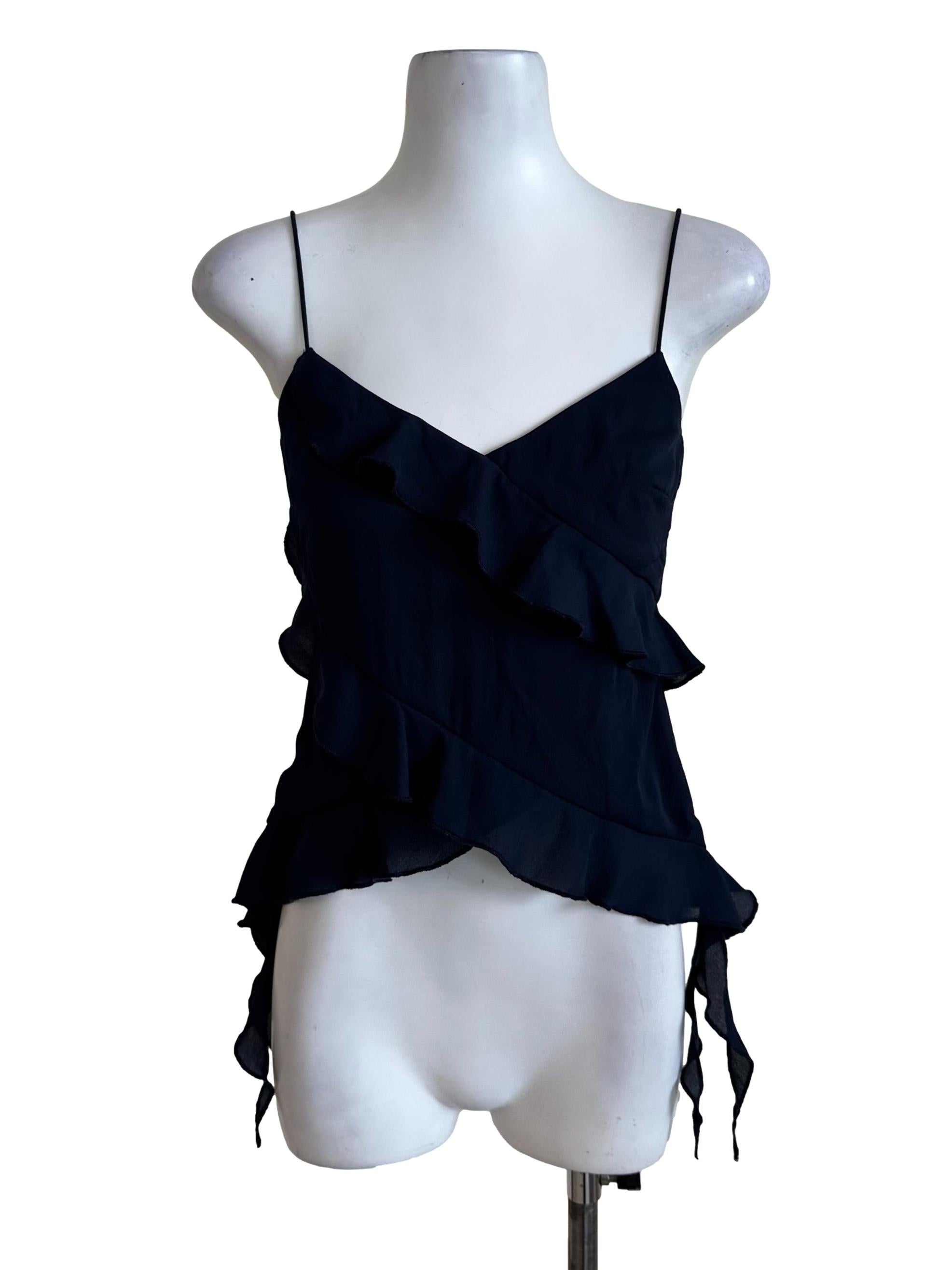 Navy Blue V Neck Chiffon Ruffle Top