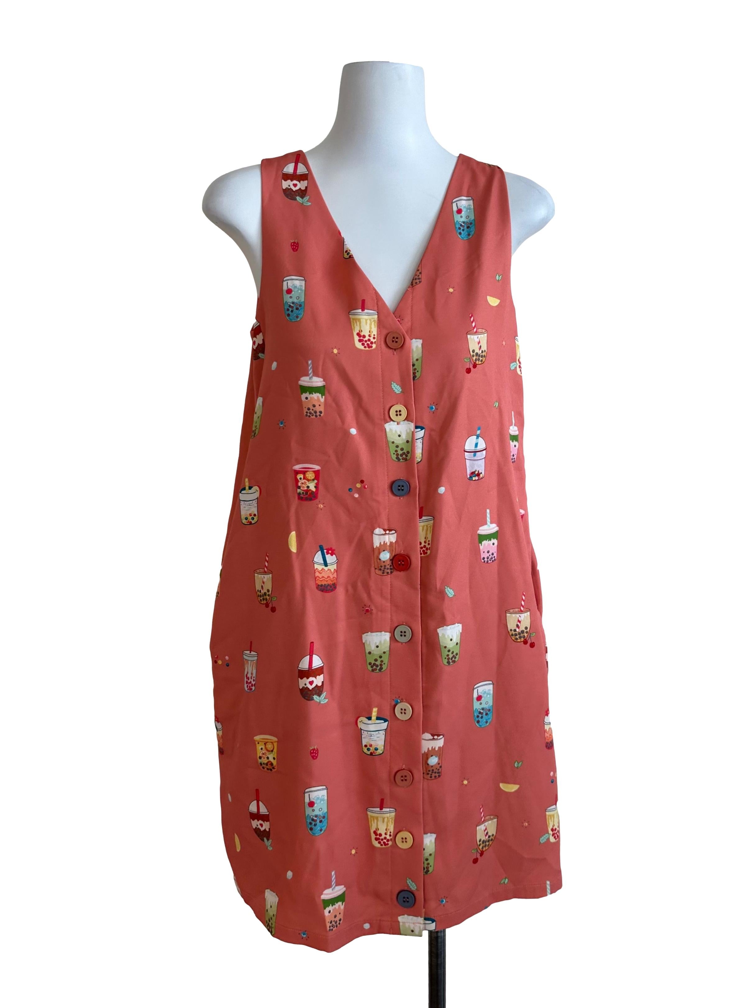 Coral Multi Colour Bubble Tea Print V Neck Button Dress