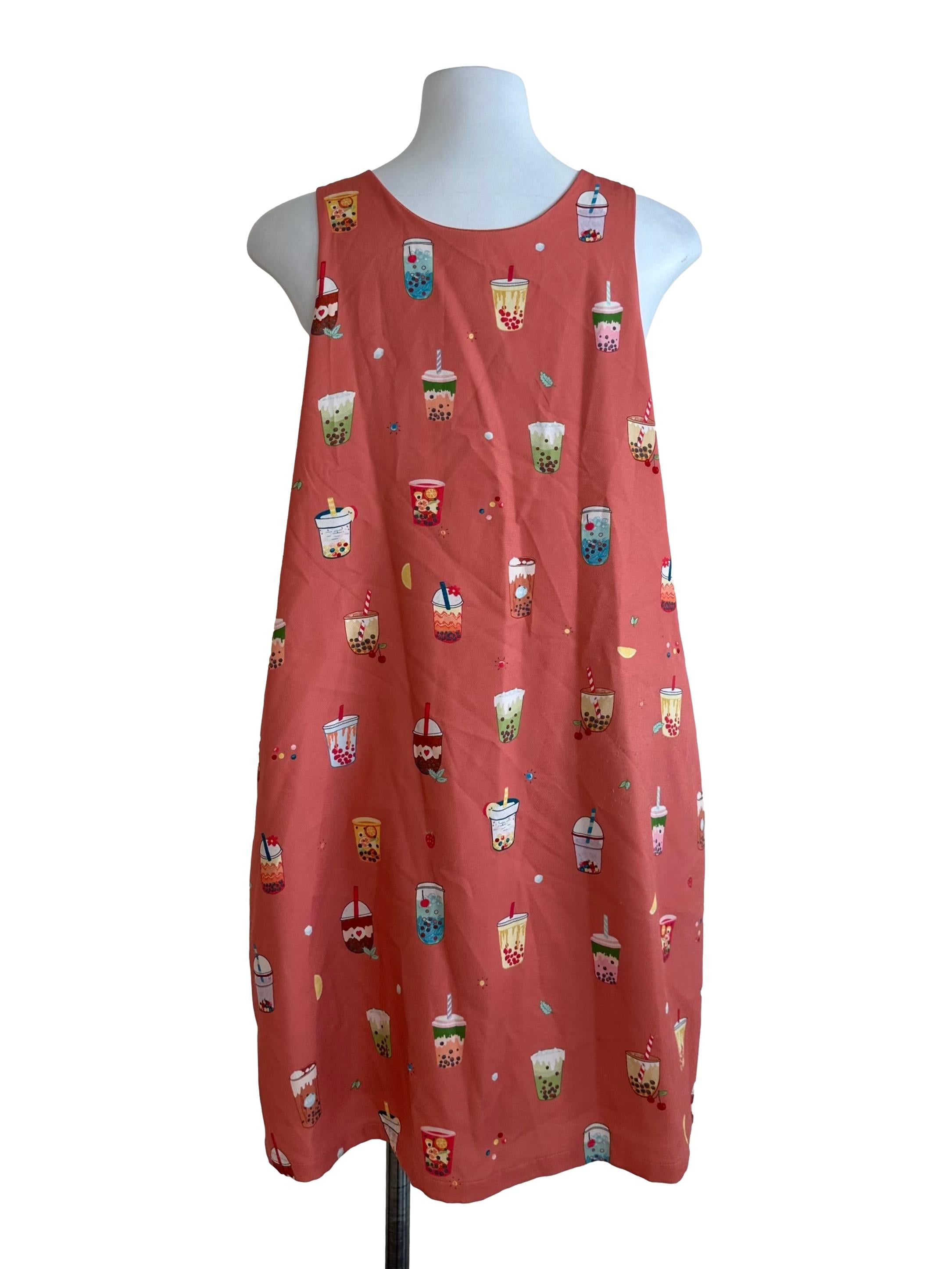 Coral Multi Colour Bubble Tea Print V Neck Button Dress