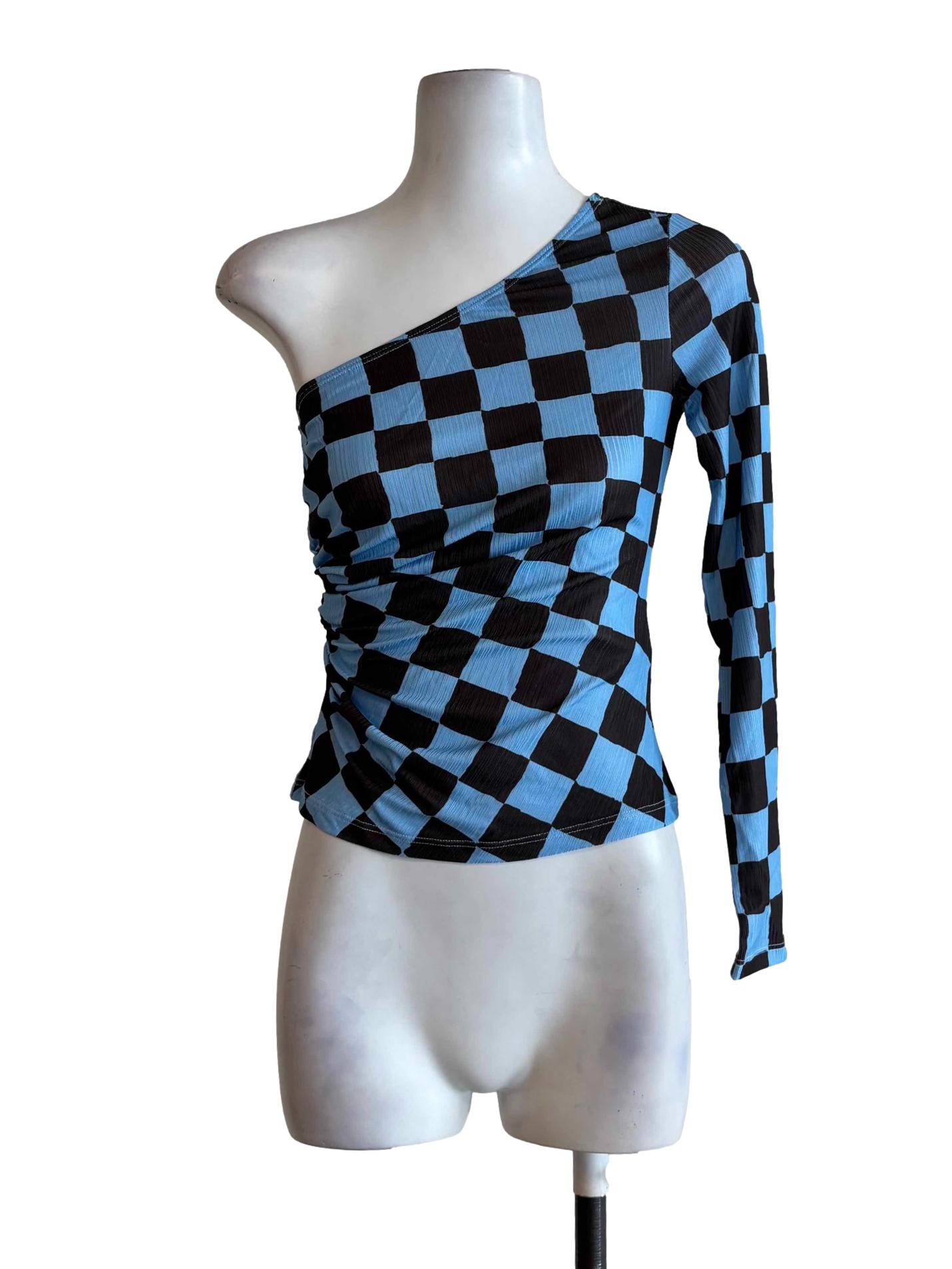 Blue And Black Checkered One Shoulder Top