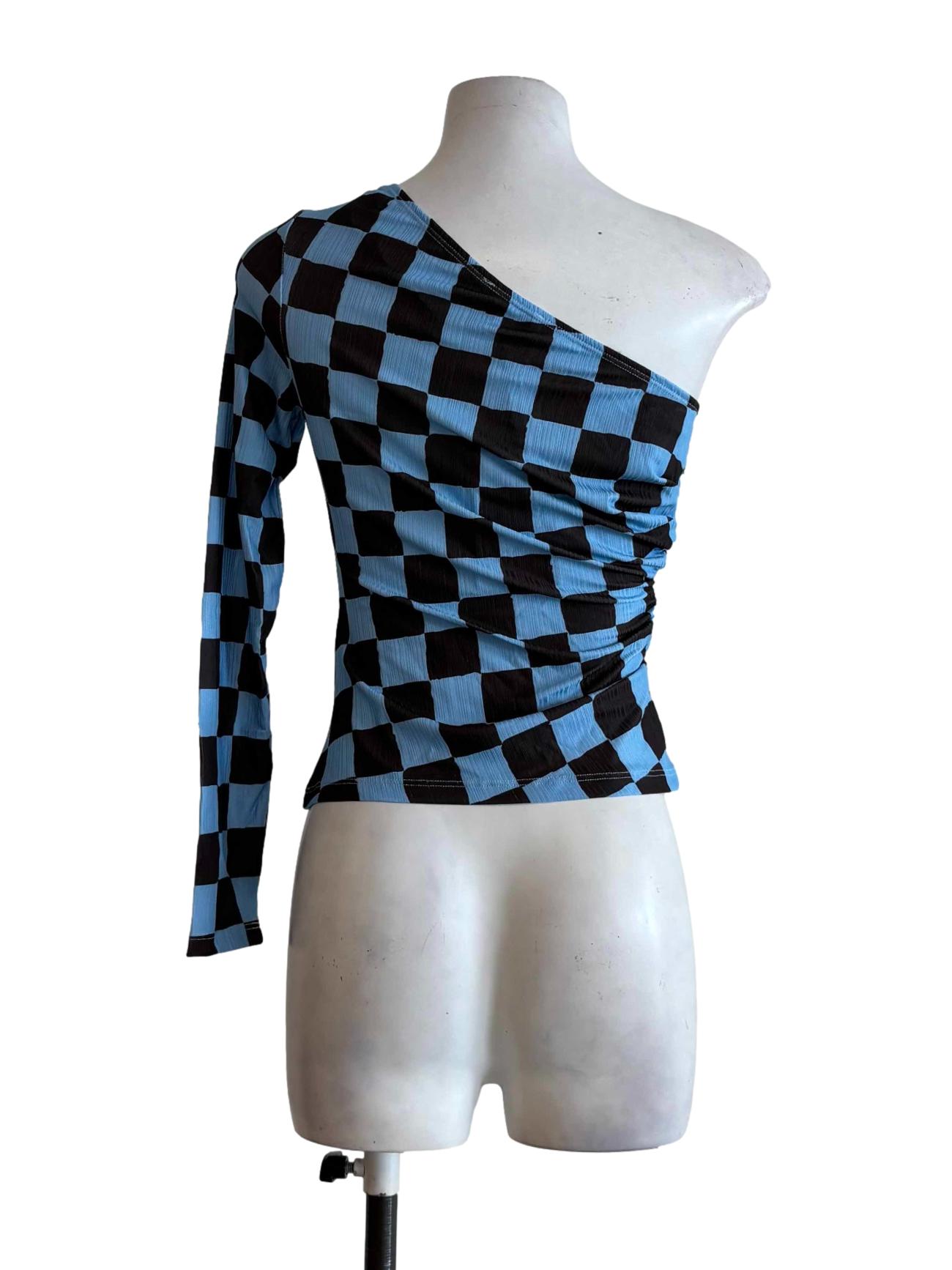 Blue And Black Checkered One Shoulder Top