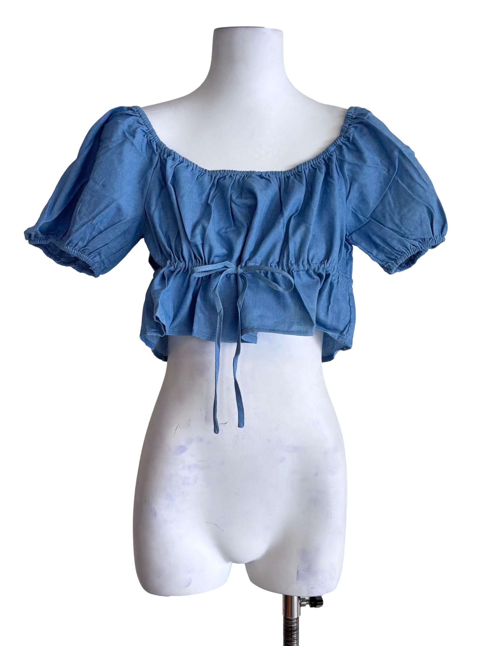 Blue Bert Chambray Puffy Drawstring Sleeve Top