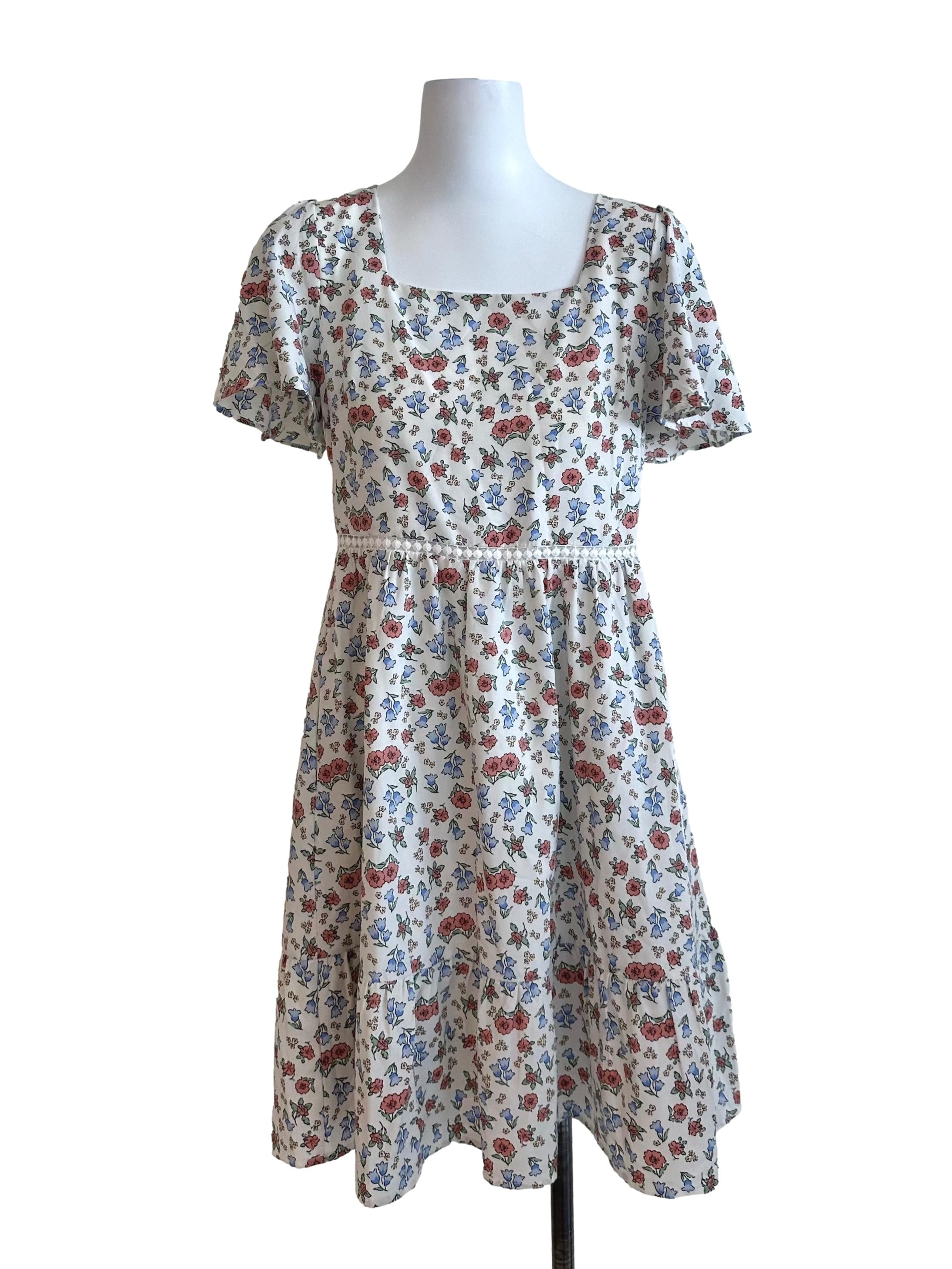 Ash White Floral Square Neck Dress