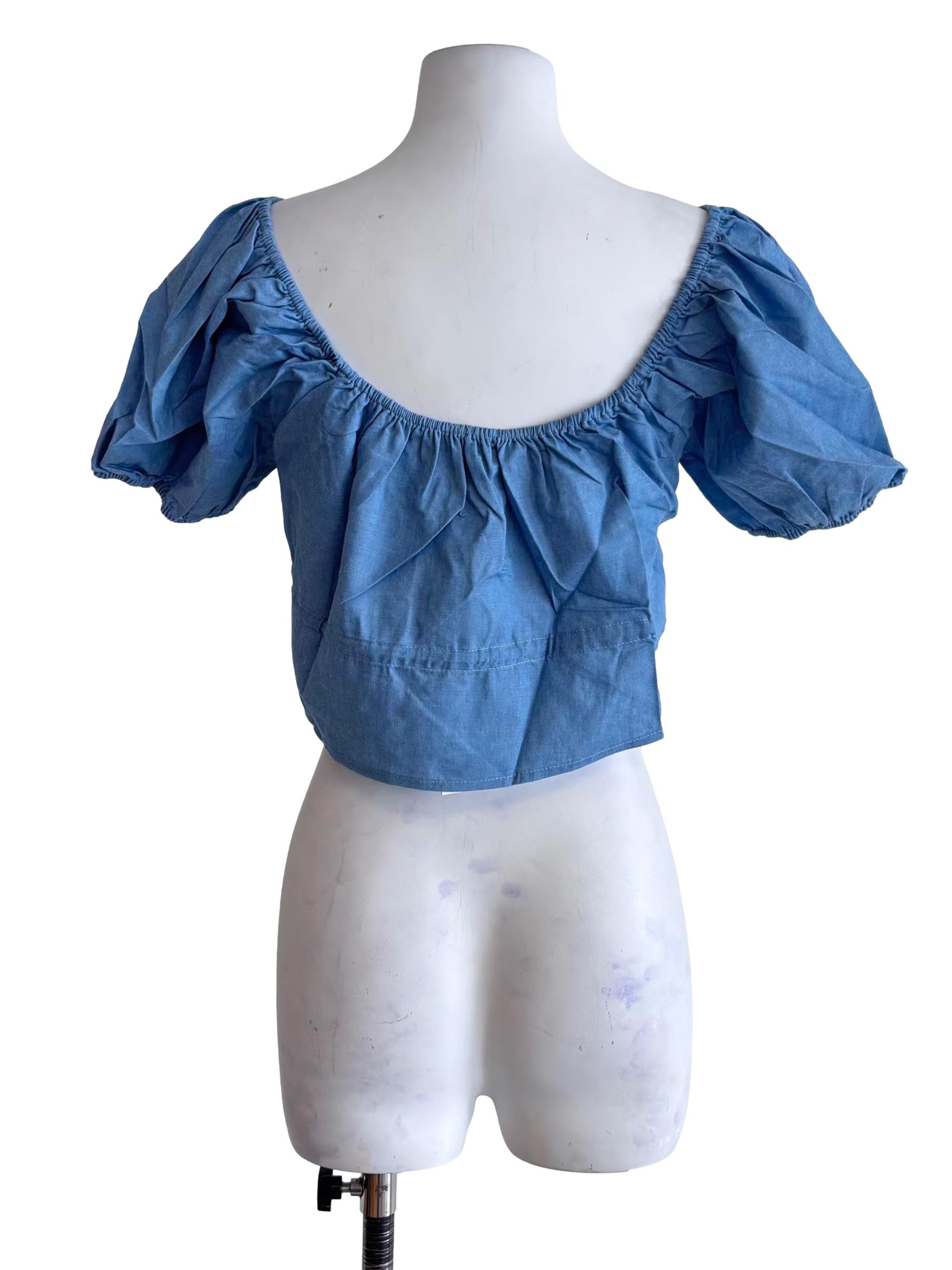 Blue Bert Chambray Puffy Drawstring Sleeve Top