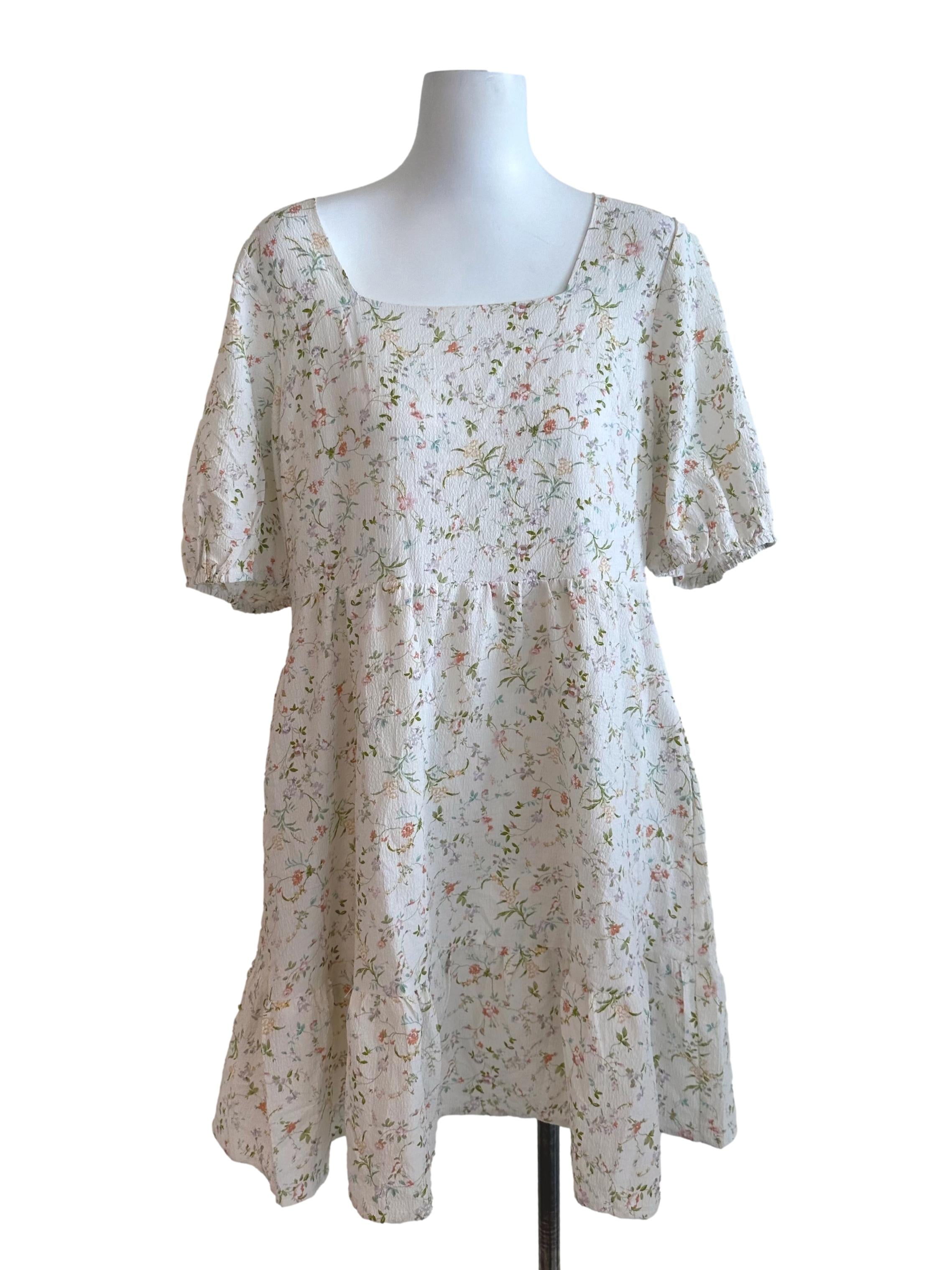Pearl White Pattern Puff Sleeve Dress