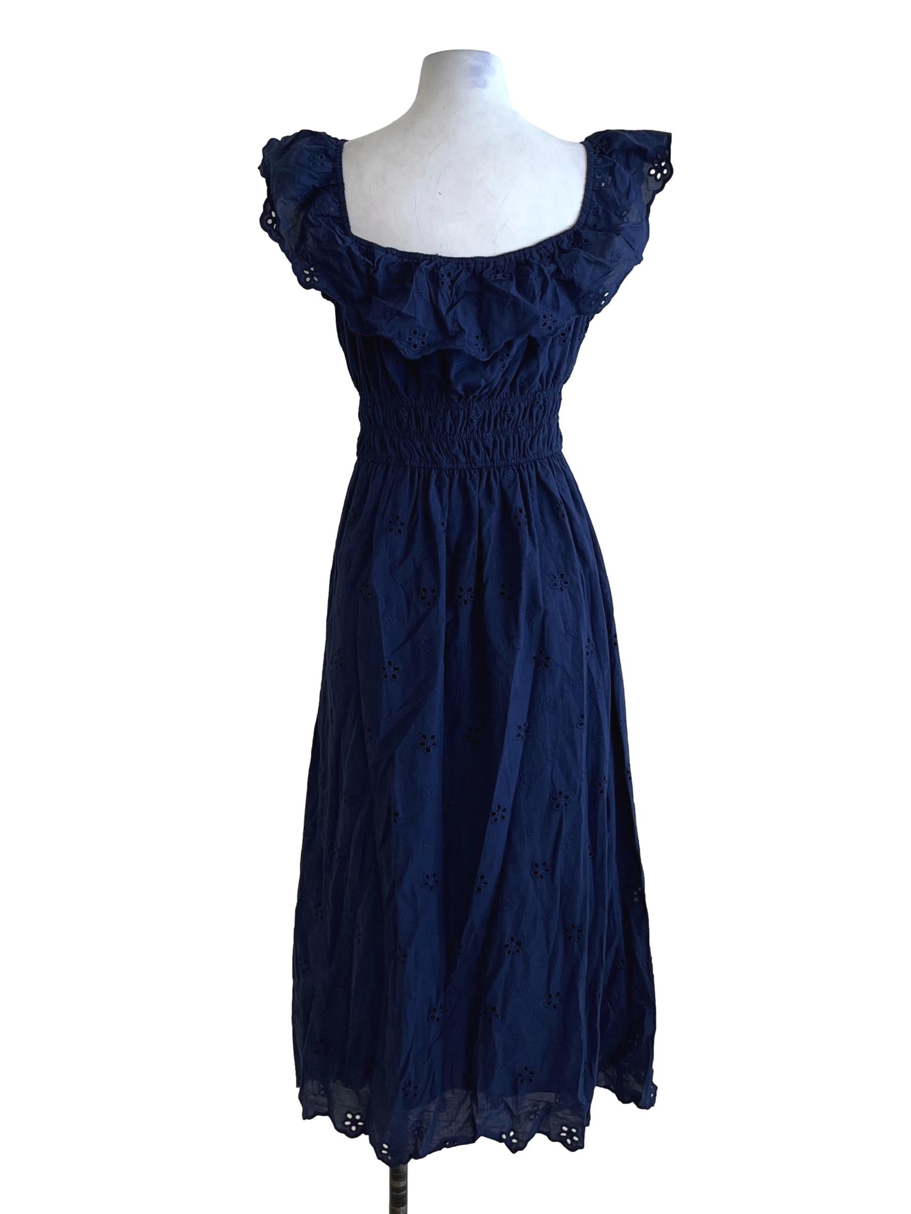 Navy Blue Square Neckline Empire Dress