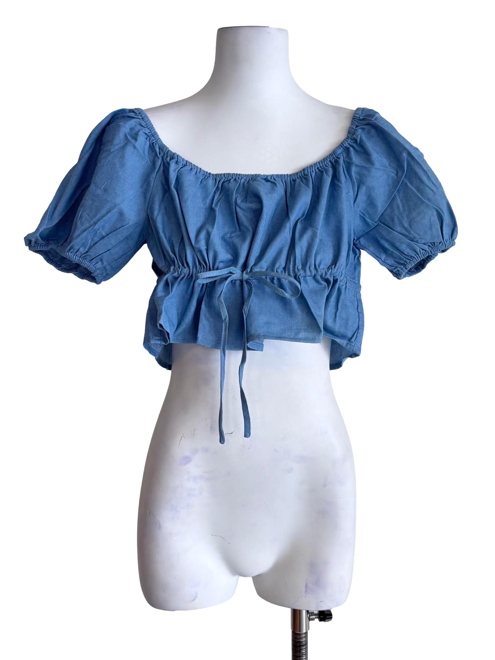 Blue Bert Chambray Puffy Drawstring Sleeve Top